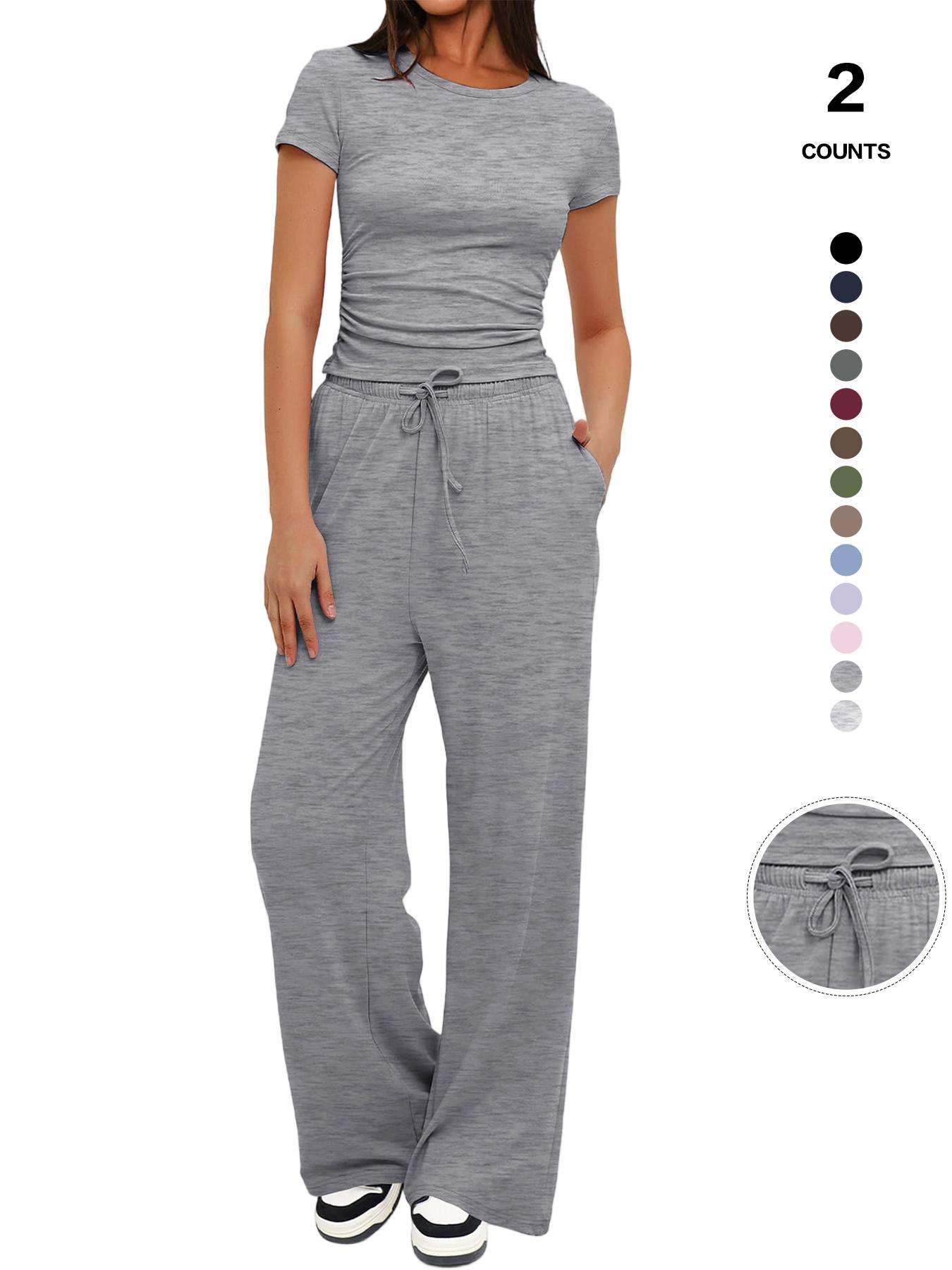 Women's Spring Summer Casual Chic Set, Round Neck Short Sleeve Top & Wide Leg Pants, Slim Fit Home Wear, 2 Piece, Ruched Design, Drawstring