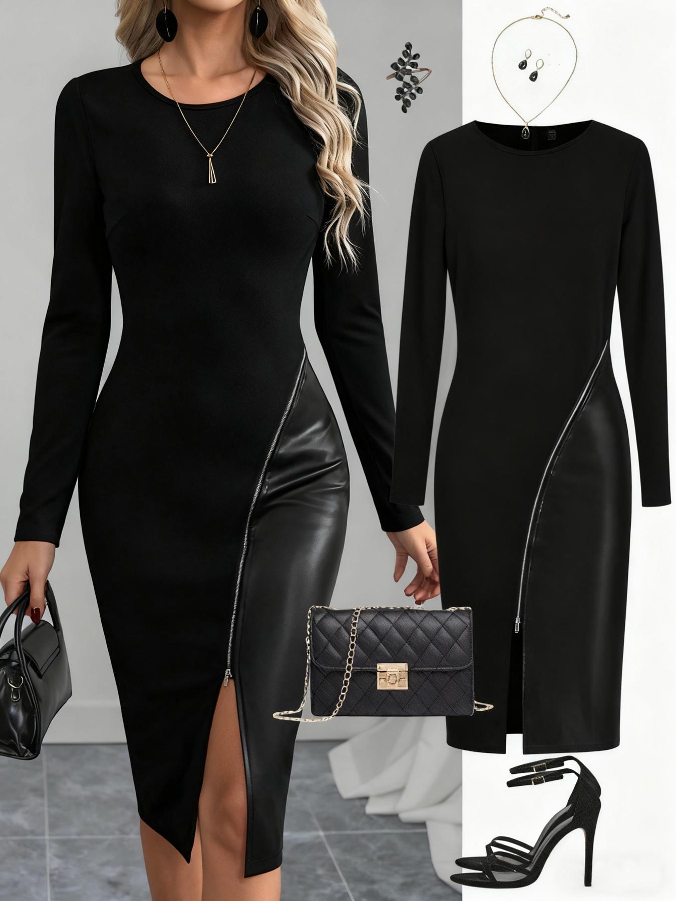 Women's Solid Color PU Leather Patchwork Zipper Bodycon Dress, Elegant Slim Fit Long Sleeve Party Dress, Casual Fashion Clothing