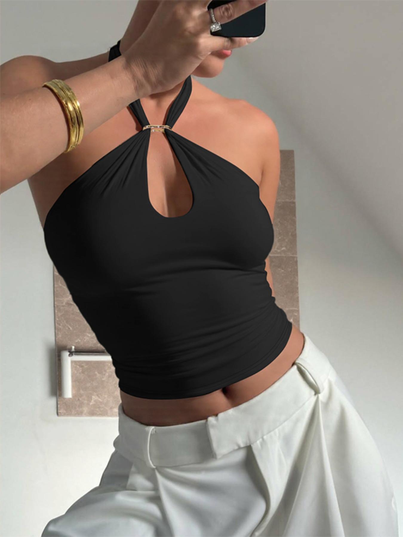 Women’s Backless Halter Neck Tank Top, Solid Fitted Sleeveless Top for Casual Summer Daily and Outdoor Wear