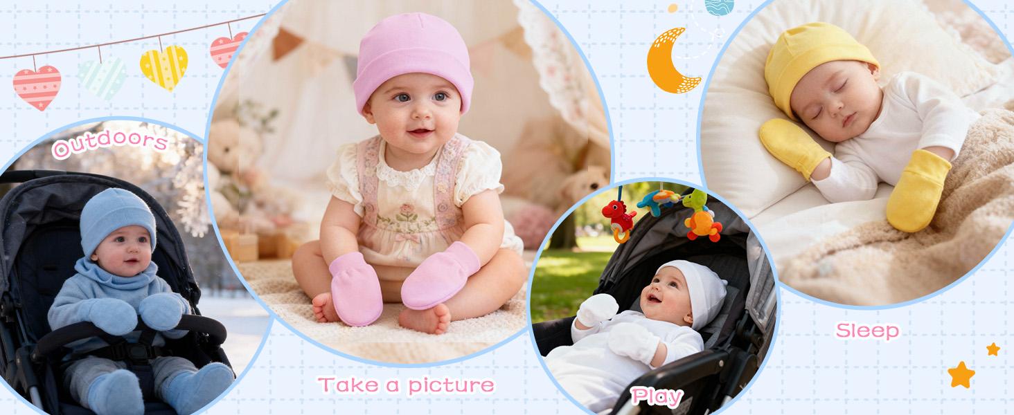 Baby Beanies for Boys Girls Newborn Infant Hat with Mittens Cute Cotton Hospital Hats for 0-6 Months