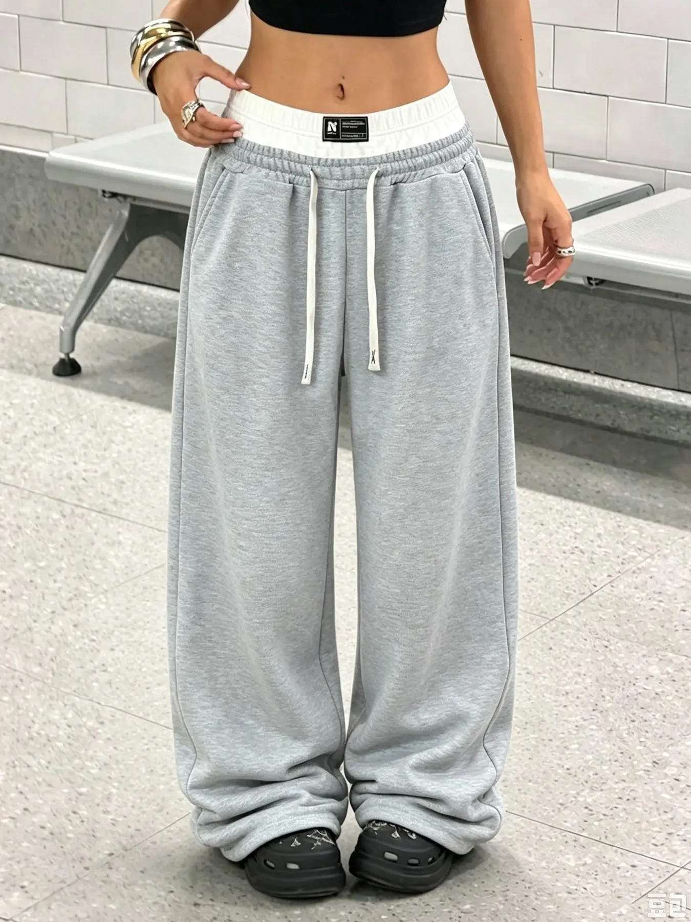 Cherrylem Women's Plaid Waist Double Layer Wide Leg Sports Sweatpants, Y2K Drawstring Loose Long Pants, Hip Hop Casual Street Style, Athleisure Sweatpants