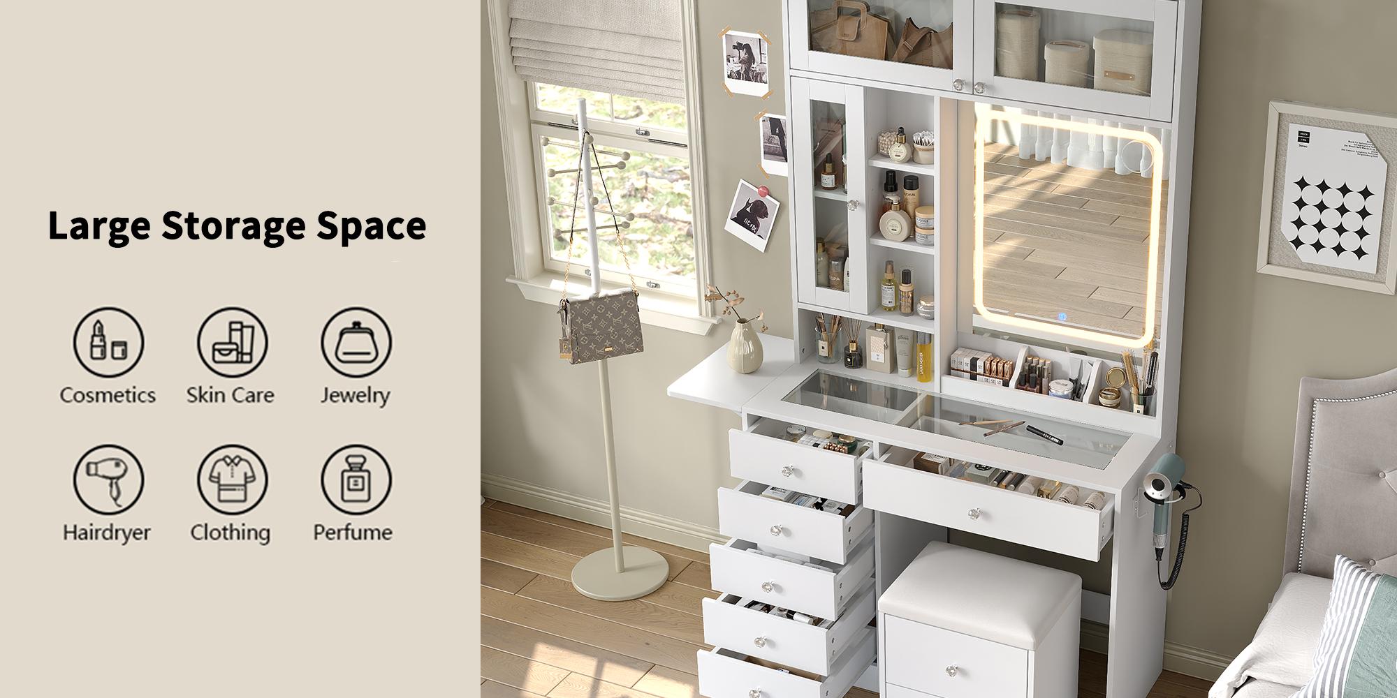 FUSOU 72‘’ Tall Multi Space Vanity Desk with Mirror and Lights, Makeup Vanity with Drawers & Storage Stool, Makeup Desk with Glass Top & Power Outlet, Dressing Table for Bedroom, White FUSOU 72‘’ Tall Multi Space Vanity Desk with Mirror and Lights, Makeup Vanity with Drawers & Storage Stool, Makeup Desk with Glass Top & Power Outlet, Dressing Table for Bedroom, White