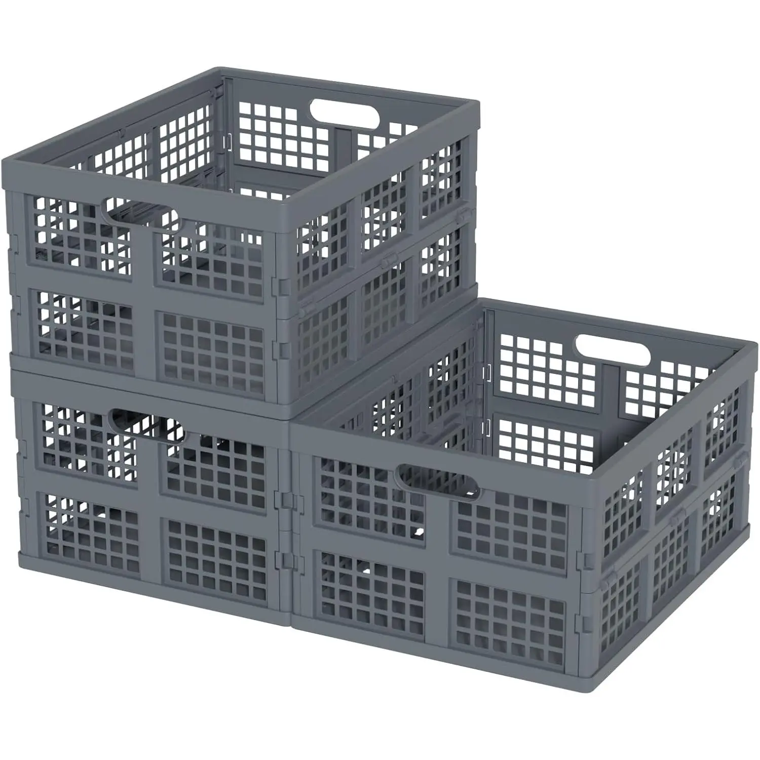 Grey Plastic Collapsible Storage Crates, 3-Pack 34 Qt Home Organizer Storage Bins