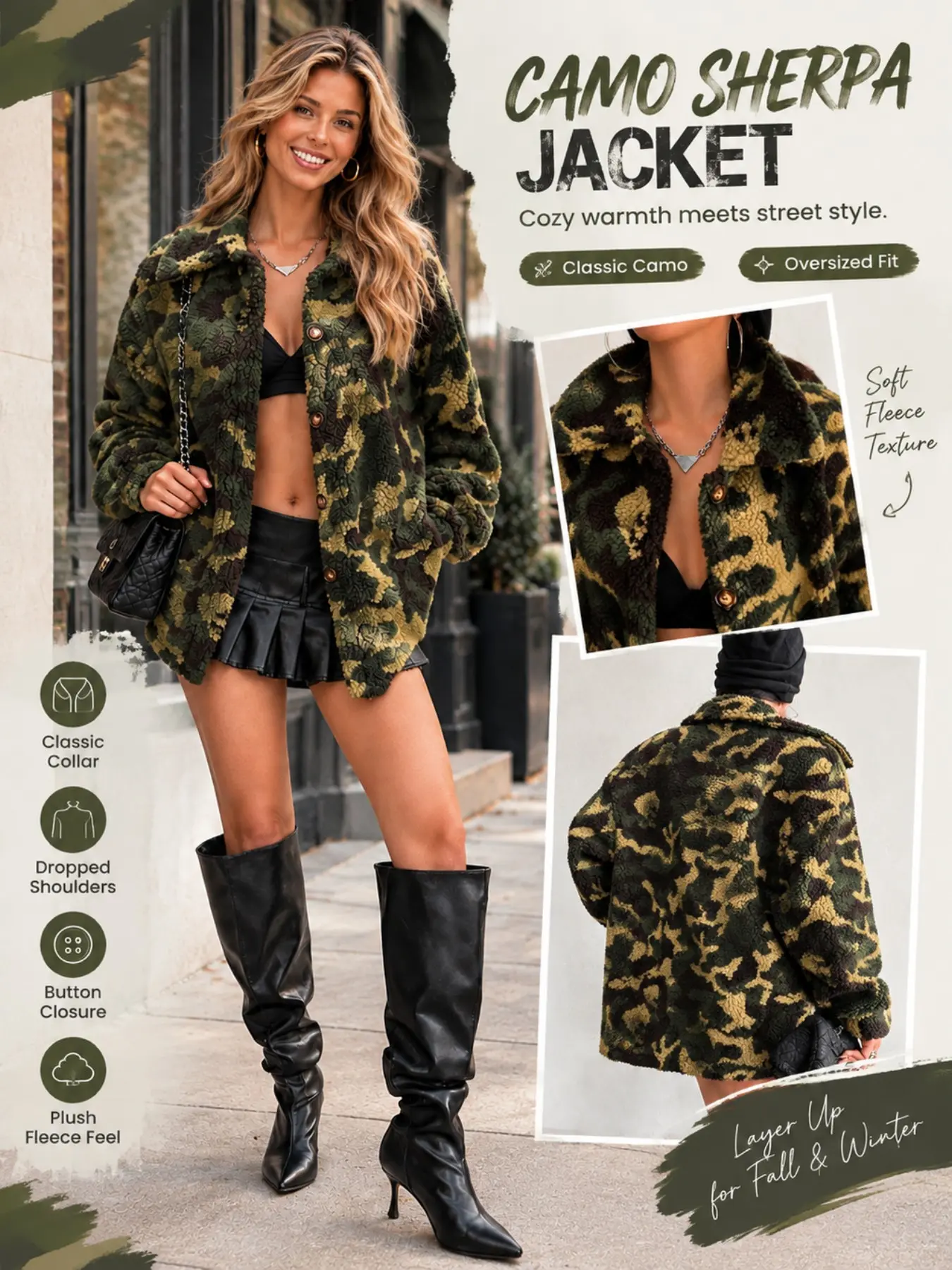 Women's Camouflage Pattern Jacket, Cozied Up Jacket, Military Green Long Sleeve Open Front Coat, Fall Outerwear for Casual Wear