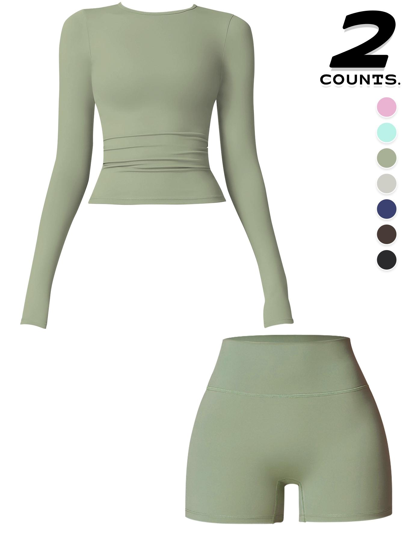 Women's Sporty Long Sleeve Top & Shorts Set, High Waist Tight-Fit Above Knee Activewear, Sweat-Wicking Quick-Dry Fabric for All Seasons, Solid Sports Sets, Gym Clothes Workout