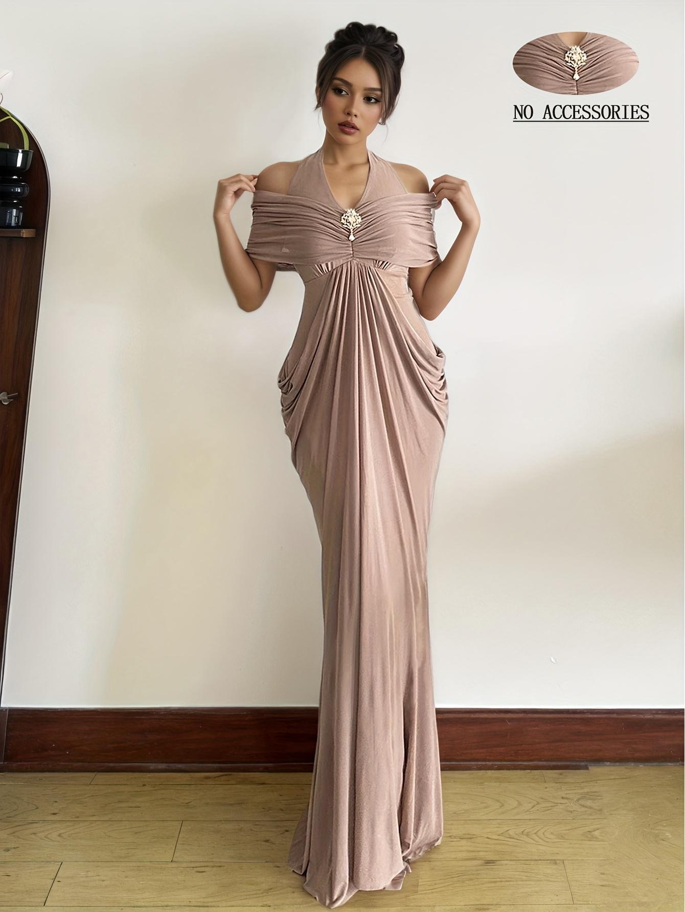 Women'S Halter Neck Mesh Maxi Dress, Off-Shoulder Mesh Decoration, Exquisite Buttons, Bridesmaid Outfit, Wedding Season, Party Dress, Elegant And Casual, Easy And Versatile, Sweet And Cute, Essential for Dates, Party Wear, New Autumn And Winter Clo