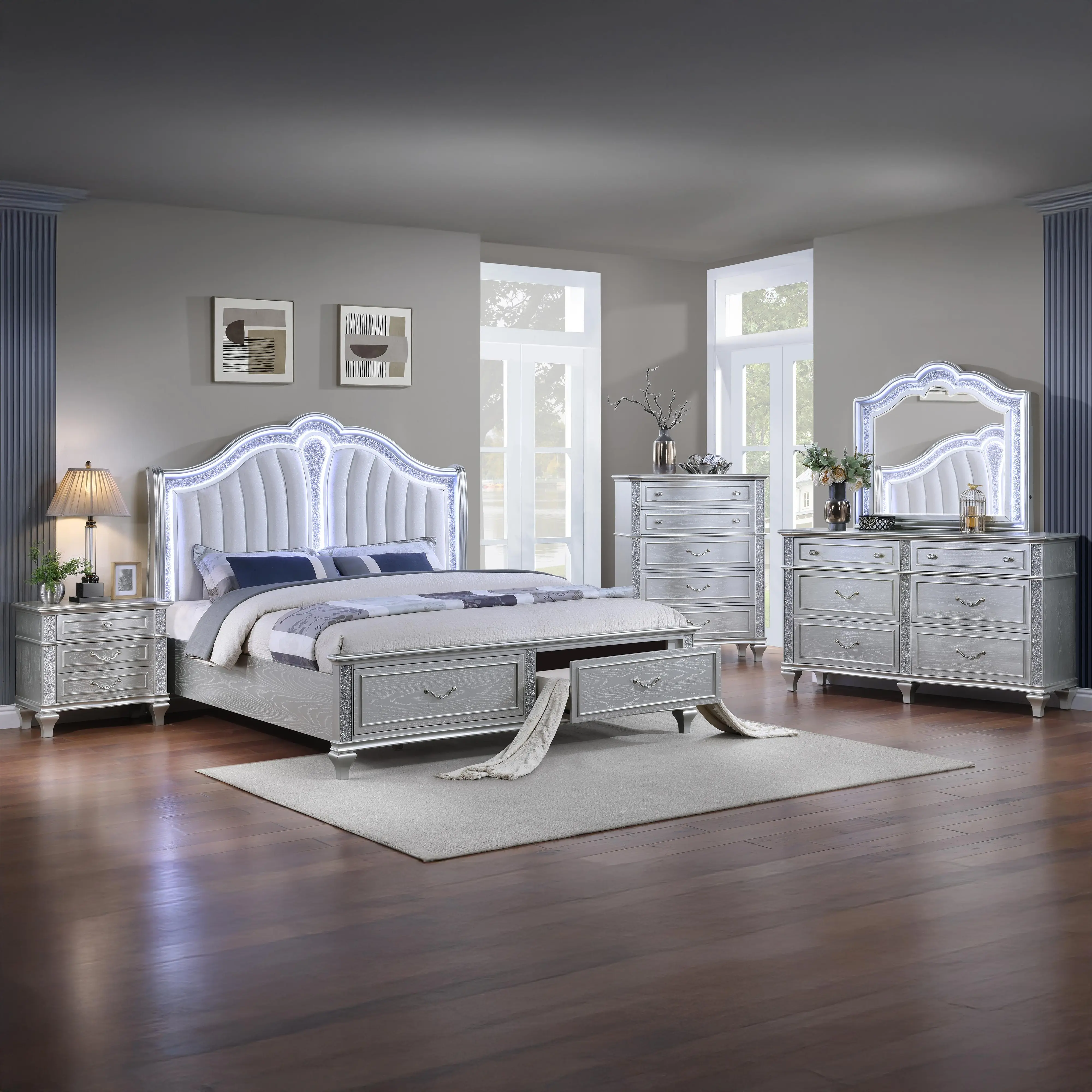 Queen 5-Piece Bedroom Set with LED Tufted Headboard, Wood Frame, Silver Finish, Dresser, Mirror, Nightstand, Chest