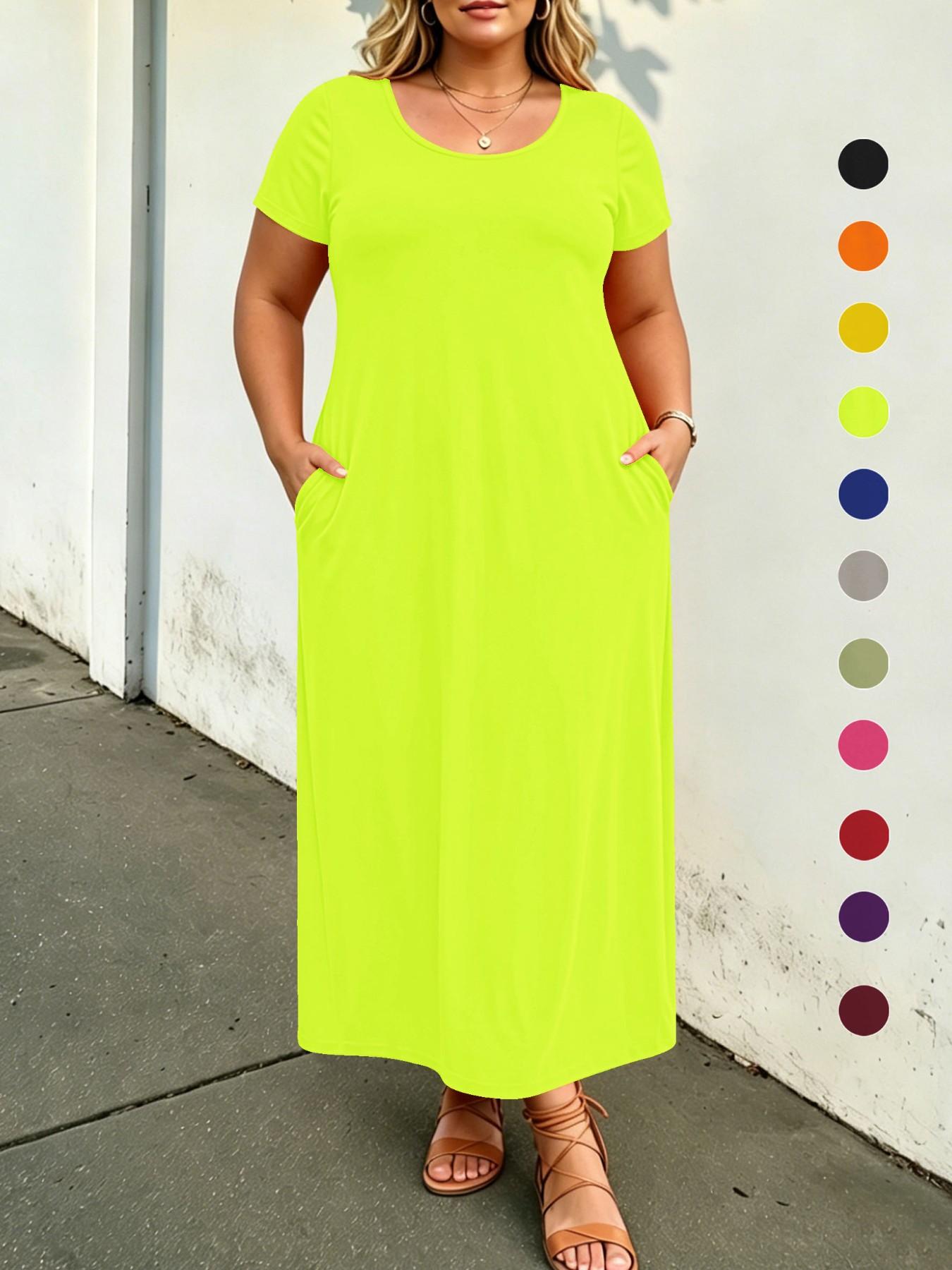 Plus Size Solid Color Loose Maxi Dress, Short Sleeve, Round Neck, Side Pockets, Curvy Daily Wear, Tummy Hiding