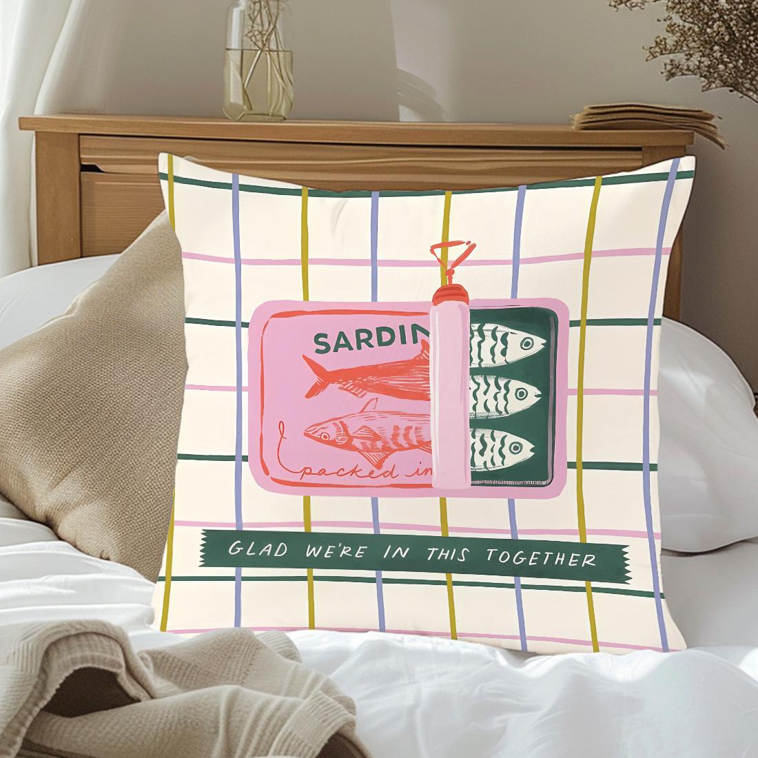 Sardine Can Illustration Pillow Cover, Single-Sided Print, Home Decor for Living Room Bedroom, No Insert Included