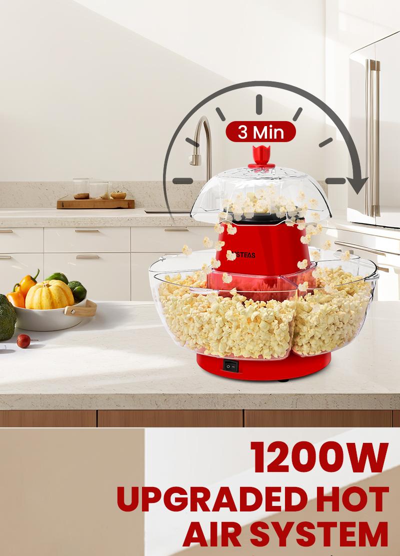 SUSTEAS Healthy Hot Air Popcorn Maker: Includes 4 BPA-Free Bowls, Oil-Free, Fast, Easy to Clean. Perfect for Movie Nights machine