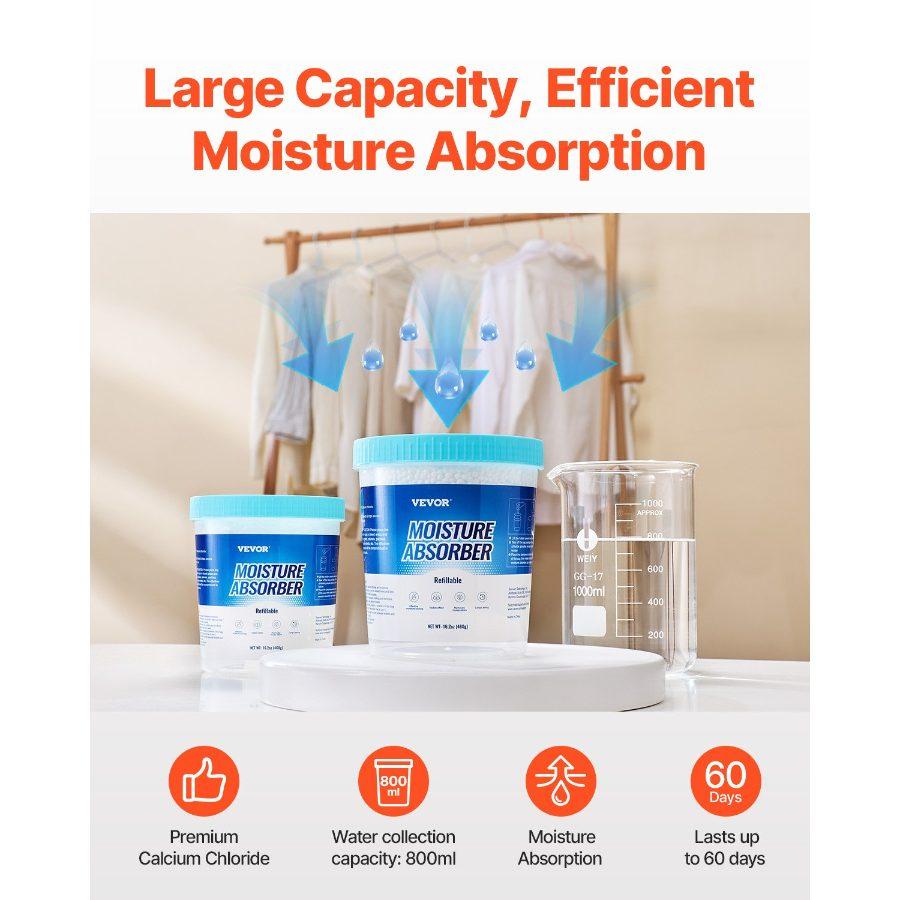 VEVOR Moisture Absorber Bucket, 2 Packs 16.2 oz Hi-Capacity Moisture Absorber Bucket with 800ml Storage Area Reusable Outer Bucket for Long-Term Use, Fragrance Free Moisture Absorber for Fresher Air