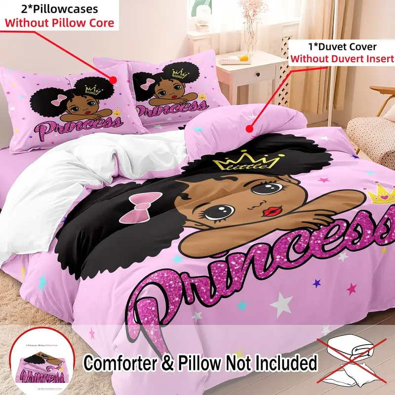 Cartoon Princess Pattern Duvet Cover Set, 3 Counts/set Including 1 Count Duvet Cover & 2 Counts Pillowcases without Filler, Soft Comfortable Bedding Set for Bedroom Dormitory Hotel, Printed Bedding Set
