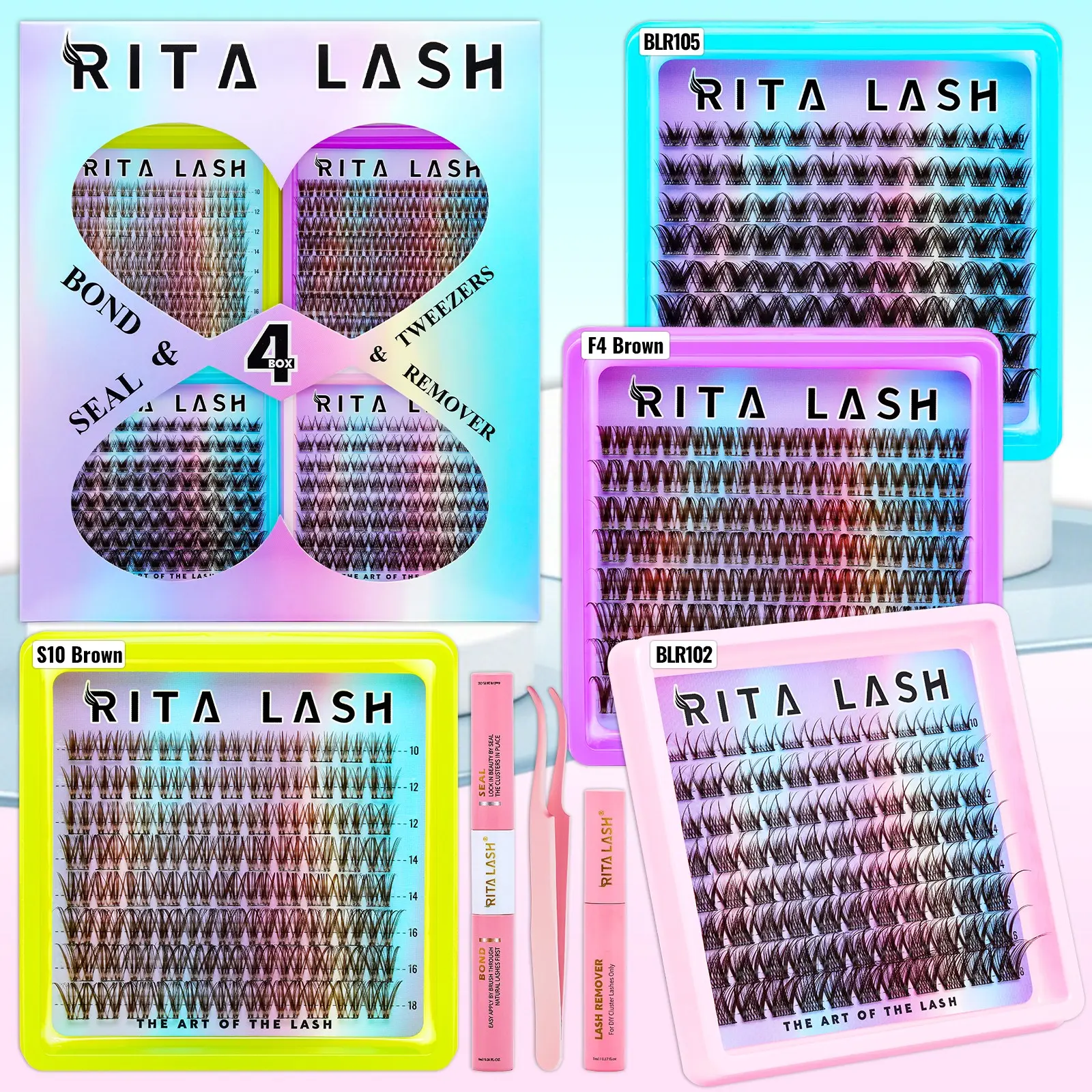 RITALASH 368Pcs 4 Boxes Lashes Mixed Brown & Black Lash Clusters Kit, Makeup Eyelashes Extension, WaterProof Lashes Clusters Eyelash Extensions with All You Need for Beginners & Pros, DIY at Home, Easy Apply Natural Look for Daily Makeup