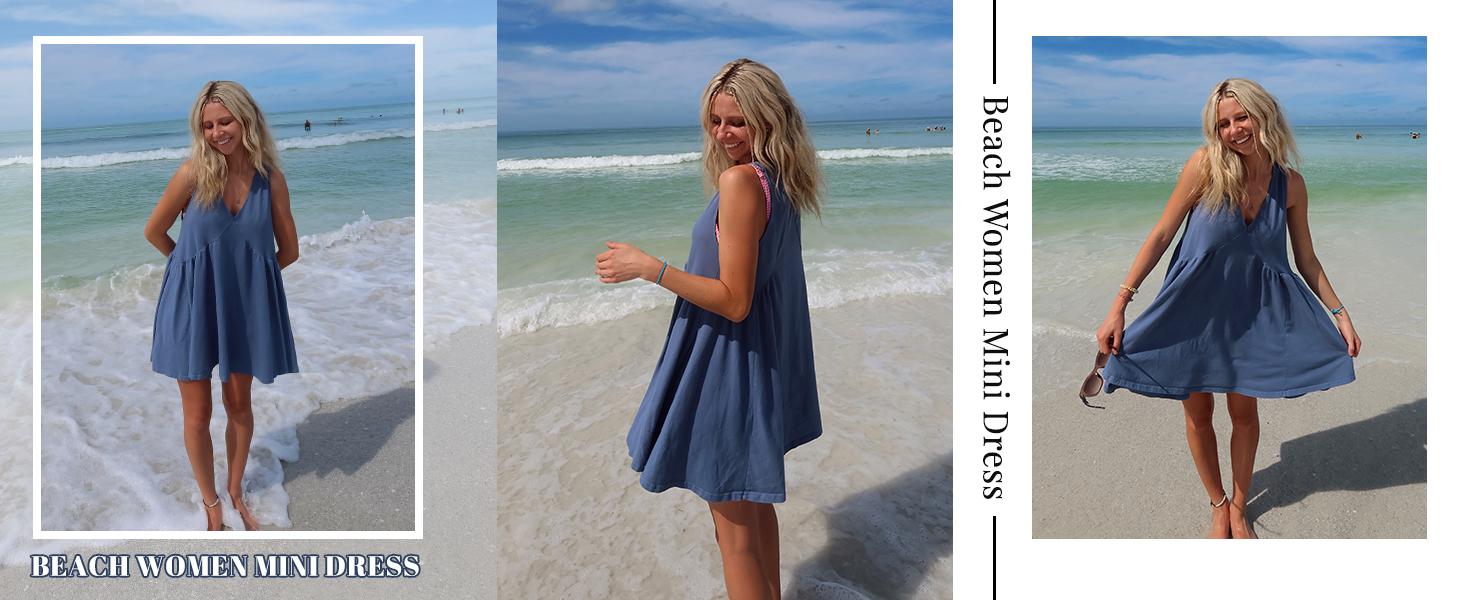 JovenPara Women's Sleeveless Mini Dress V-neck Casual Loose Fit with Side Pockets Comfortable Stretchy Material for Day Out or Night Event Flattering Minimalist Style