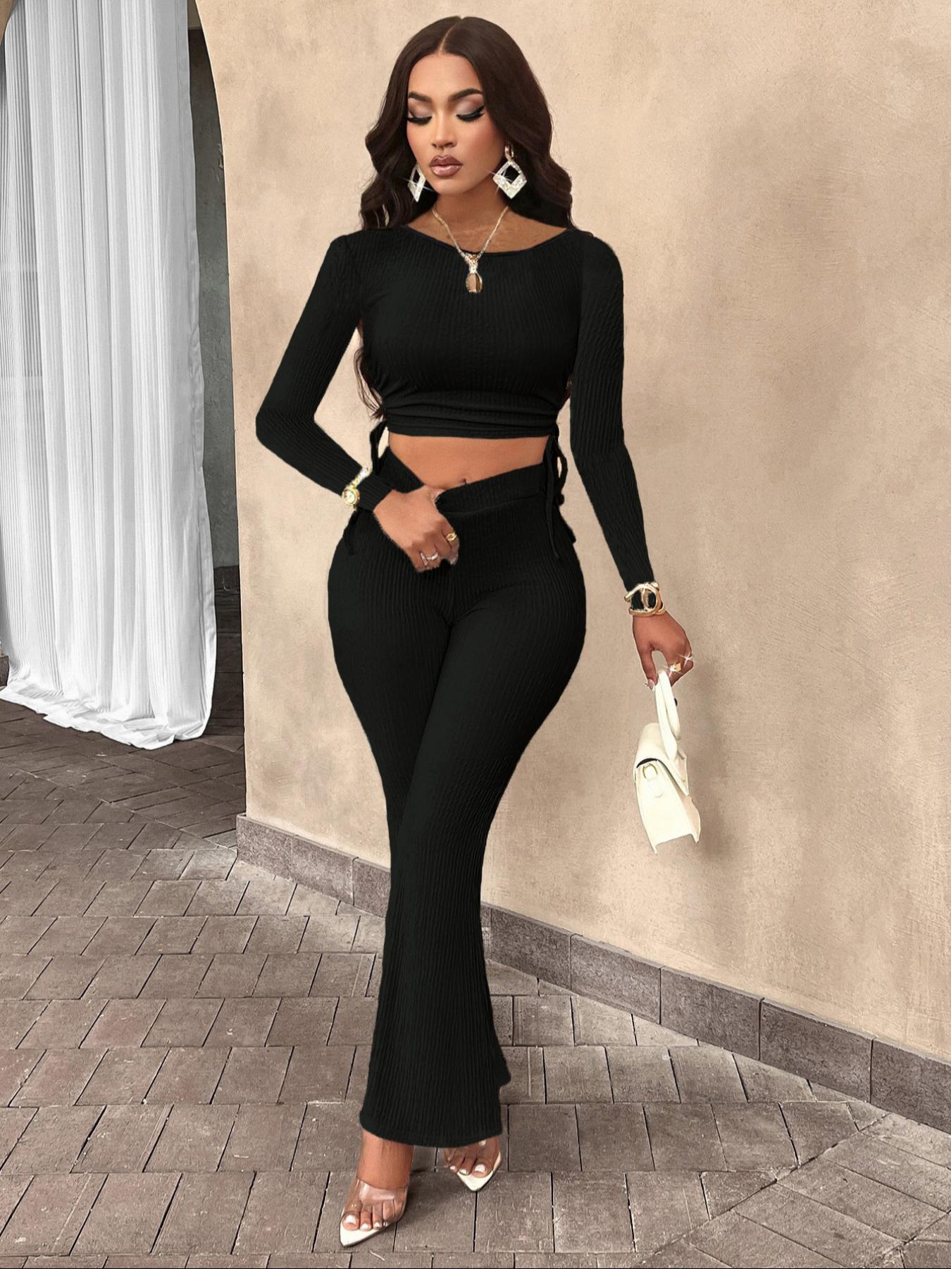 Women's Solid Long Sleeve Crop Top & Flare Leg Pants Two-piece Set, Elegant Fashion Casual Drawstring Top & Bell Bottom Trousers for Daily Outdoor Wear, Women's Clothing for Fall & Winter