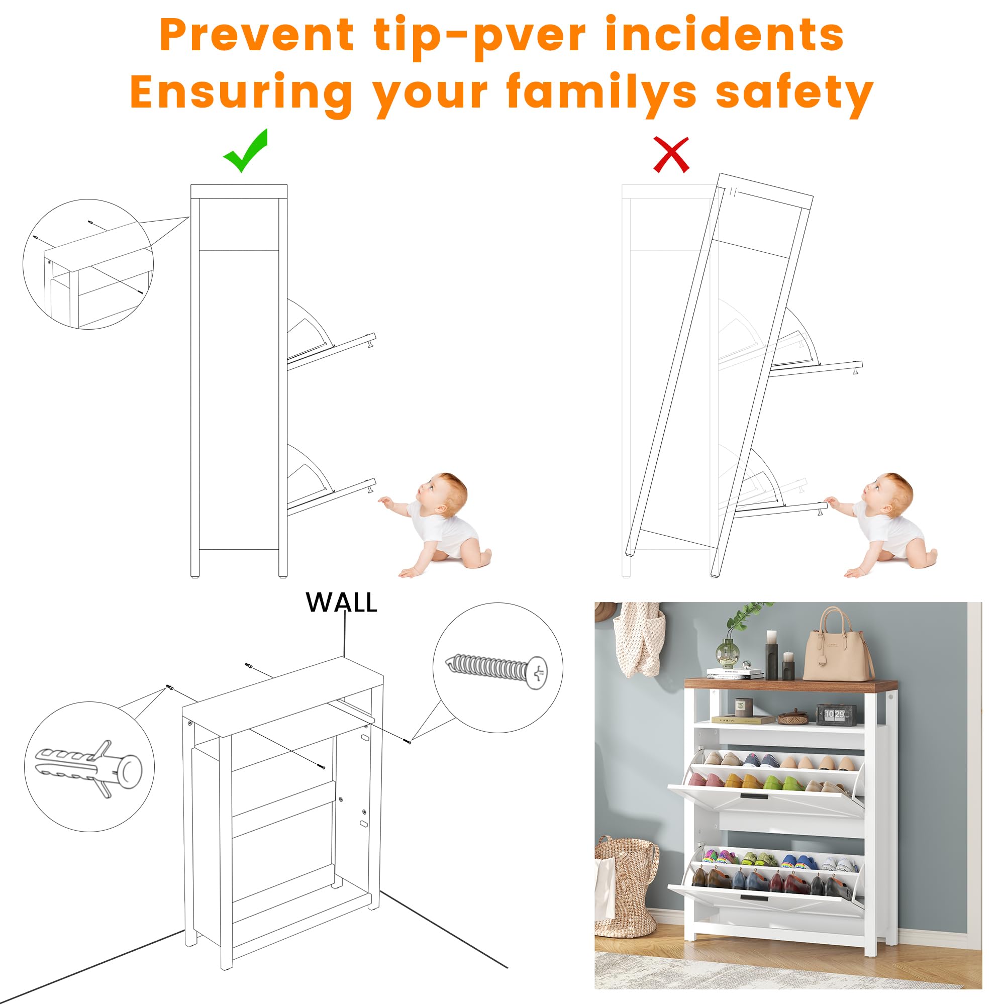 4 Tires Farmhouse Shoe Organizer with Open Storage Shelf & Barn Door, Shoe Storage Cabinet with 2 Flip Drawers, Adjustable or Removable Freestanding Hidden Narrow Shoe Rack for Foyer