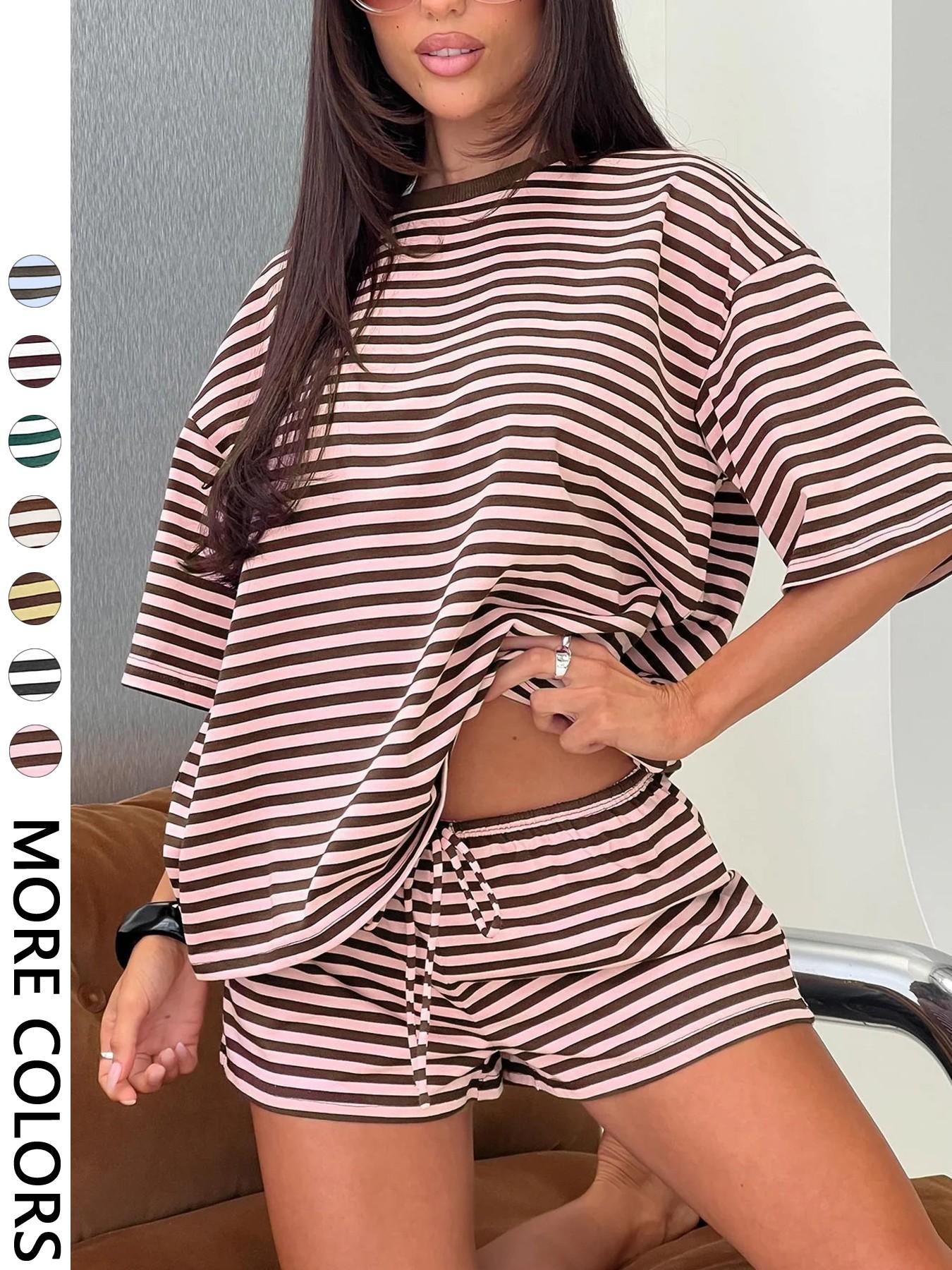 2 Spring Summer Stripe Print 2 Piece Outfit Women | Oversized T-Shirt + Drawstring Shorts | Soft Casual Lounge Set | Y2K Clean Girl Style for Daily Home Vacation Wear 2 Spring Summer Stripe Print 2 Piece Outfit Women | Oversized T-Shirt + Drawstring Shorts | Soft Casual Lounge Set | Y2K Clean Girl Style for Daily Home Vacation Wear