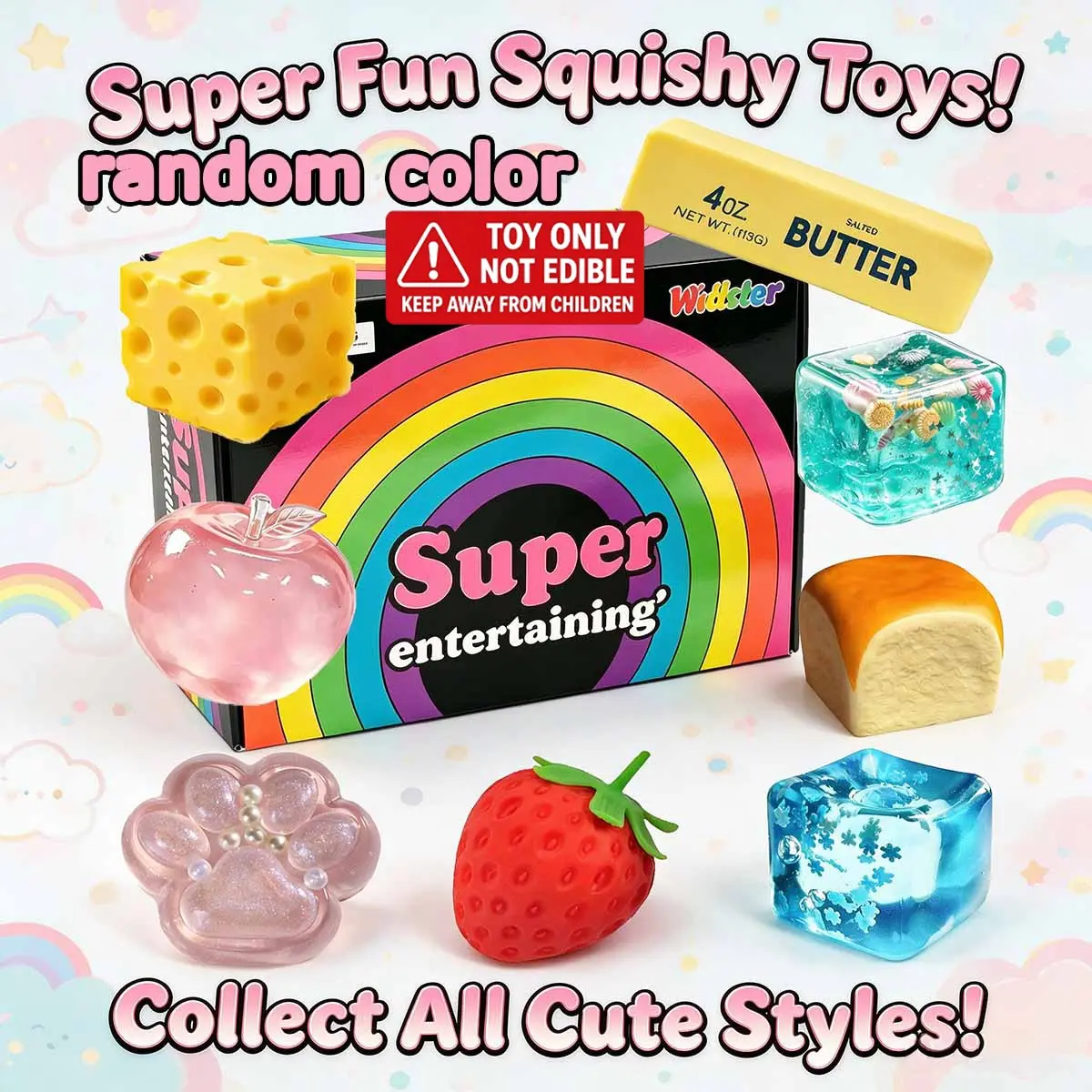 8pcs-Assorted Food & Paw Shaped Jelly Squish Stress Relief Toy Set, Cheese Butter Strawberry Apple Bread Ice Cube Transparent Glitter Squeeze Fidgets, Soft Elastic Sensory Decompression Toys for Relieving Anxiety & Daily Tension