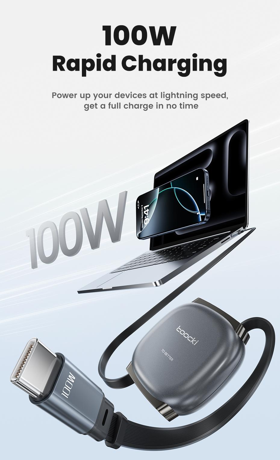 Toocki 100W USB C to USB C Retractable Cable Super Fast Charging For iPhone 16 15 Pro Max iPad Macbook Samsung S24 S23 Laptop Xiaomi Type C Cable PD 27W Type-C To Lightning Data Cable For iPhone 8-14 Series 1M