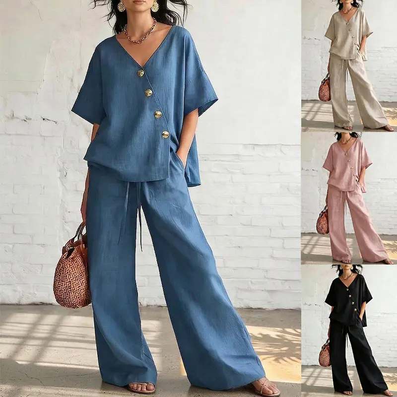 Women’s Two-Piece Wide Leg Pants Set, V-Neck Button Short Sleeve Top and Relaxed Trousers, Casual Summer Outfit for Travel and Daily Wear