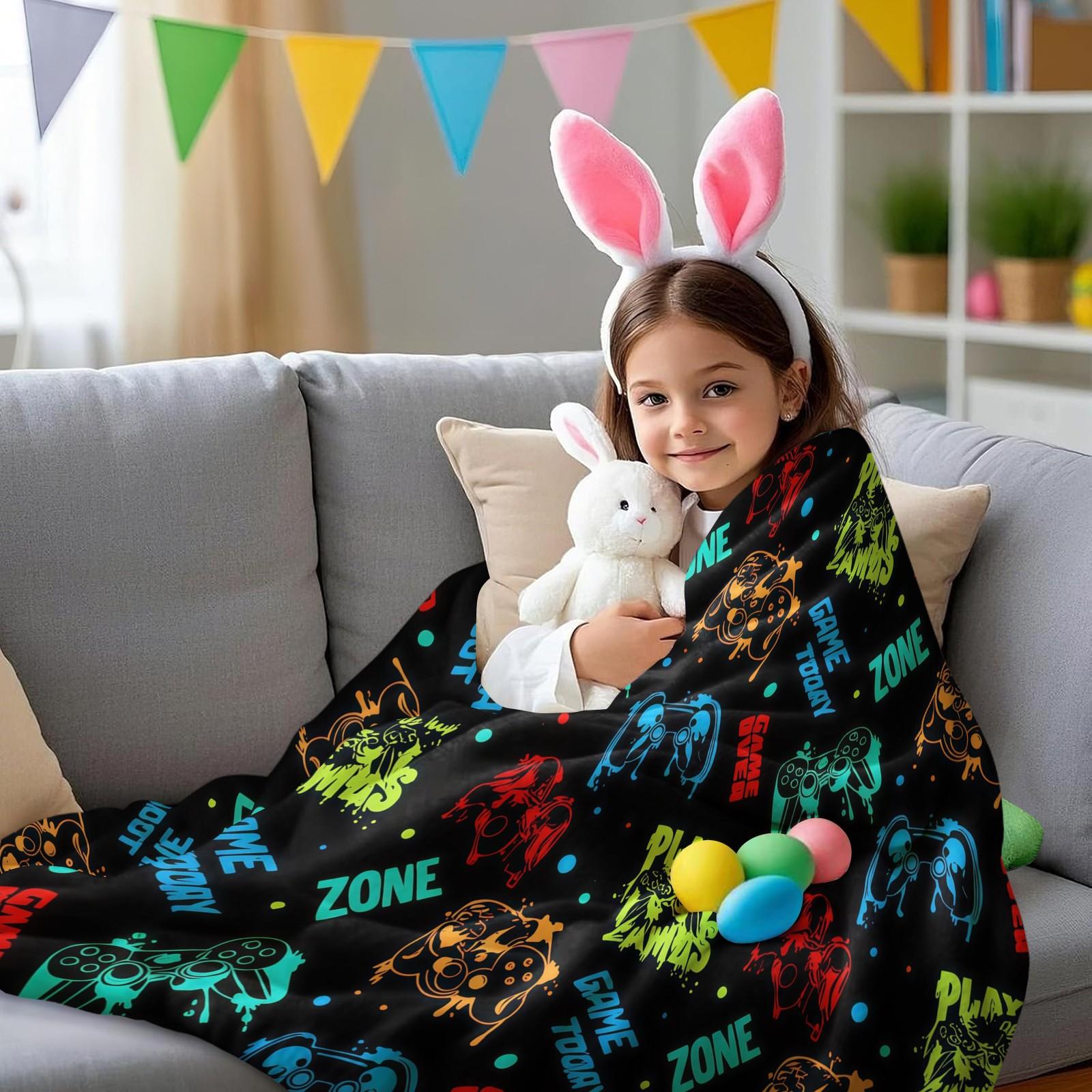 Multi-Style Gamer Throw Blanket, Soft Skin-Friendly Plush, Lightweight Cozy, Video Game Controller Print, for Couch Bed Office, All Seasons, for Boys Girls Teens, Aesthetic Room Decor