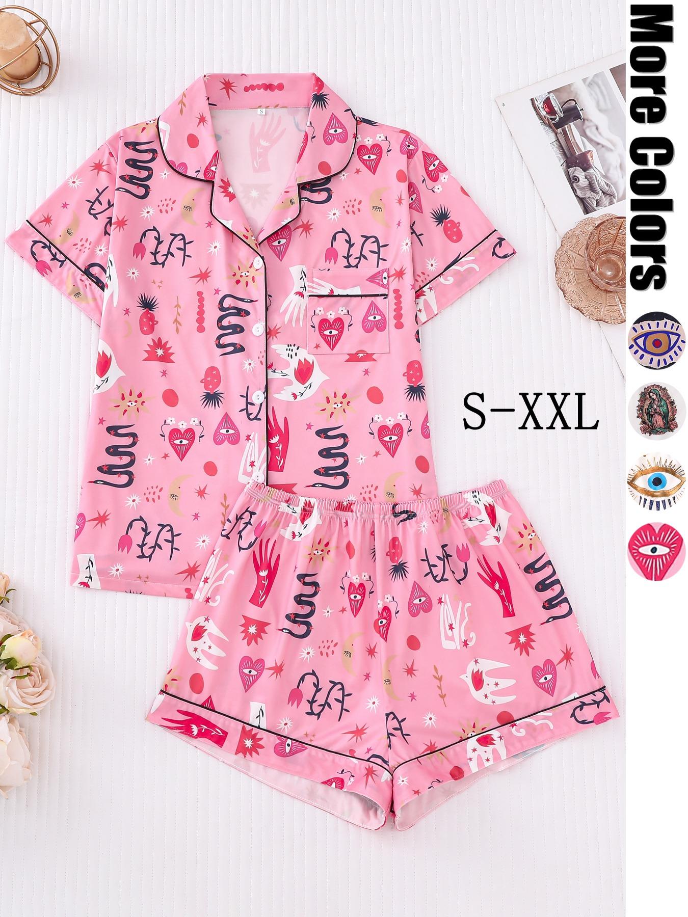 Two-piece Set Women's All Over Print Shirt & Elastic Waist Shorts Pajama, Casual Comfy Top & Shorts Pj Set, Ladies Sleepwear for All Seasons, Loungewear Set Women