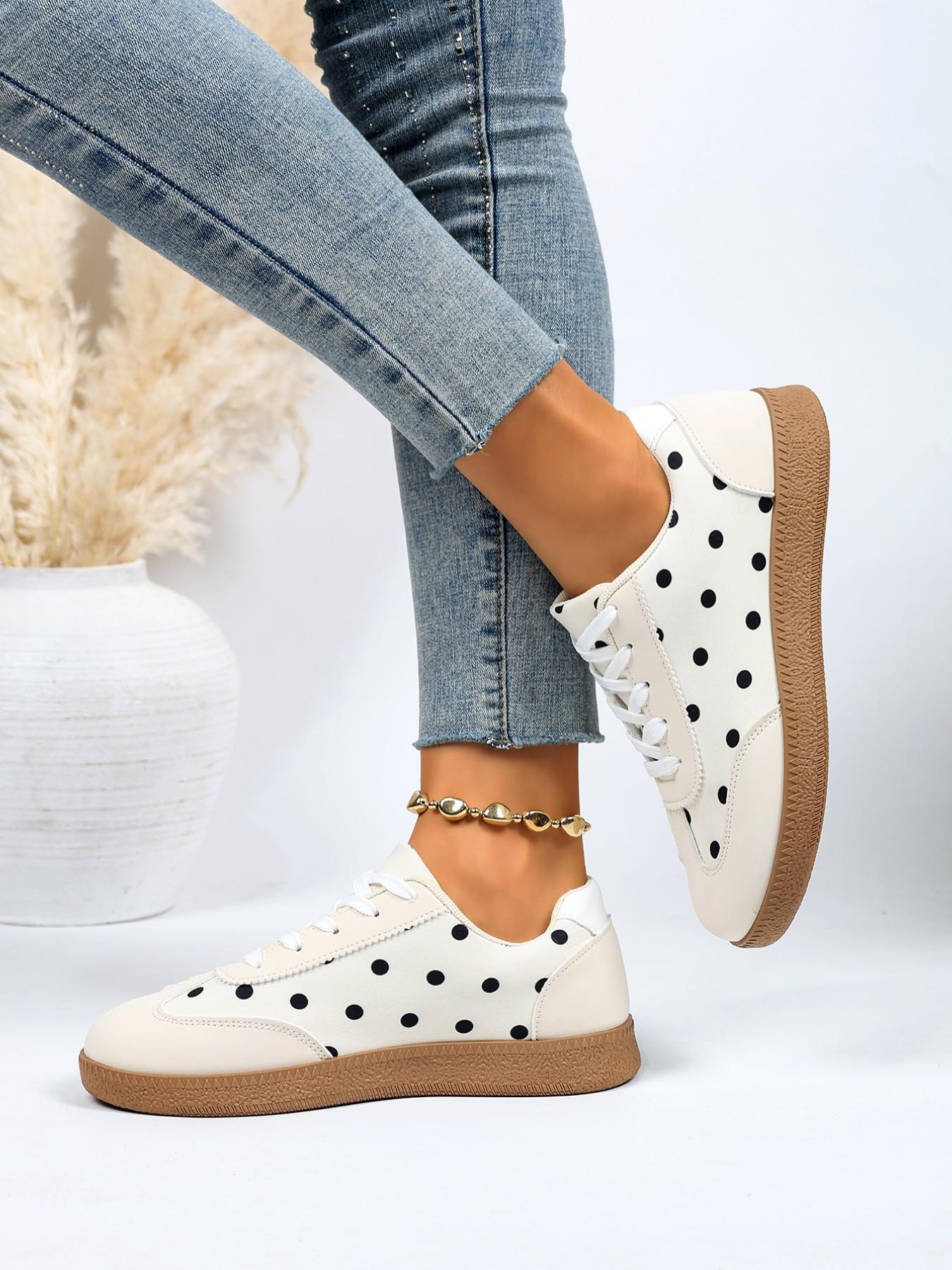 Women's Polka Dot Print Casual Board Shoes, Low Ankle Trainers, Vintage Soft Rubber Sole Lace-Up Athletic Sports Shoes, Everyday Versatile Flat Sneakers, Trending Sneakers, Walking Shoes