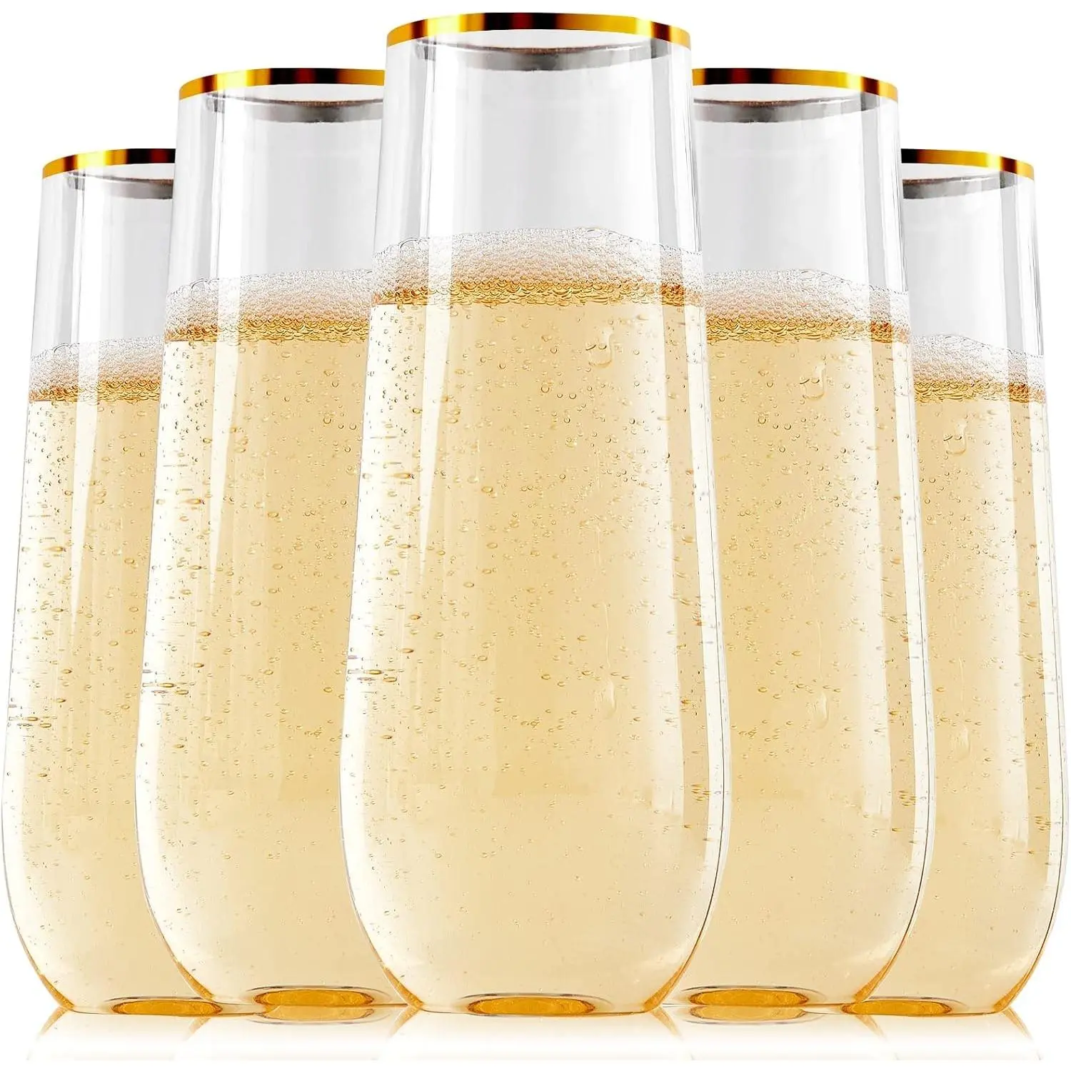 24 Pack 9 Oz Plastic Stemless Gold Rim Champagne Flutes, Heavy Duty, Shatterproof, Disposable & Reusable Crystal Clear Toasting GlassesGift