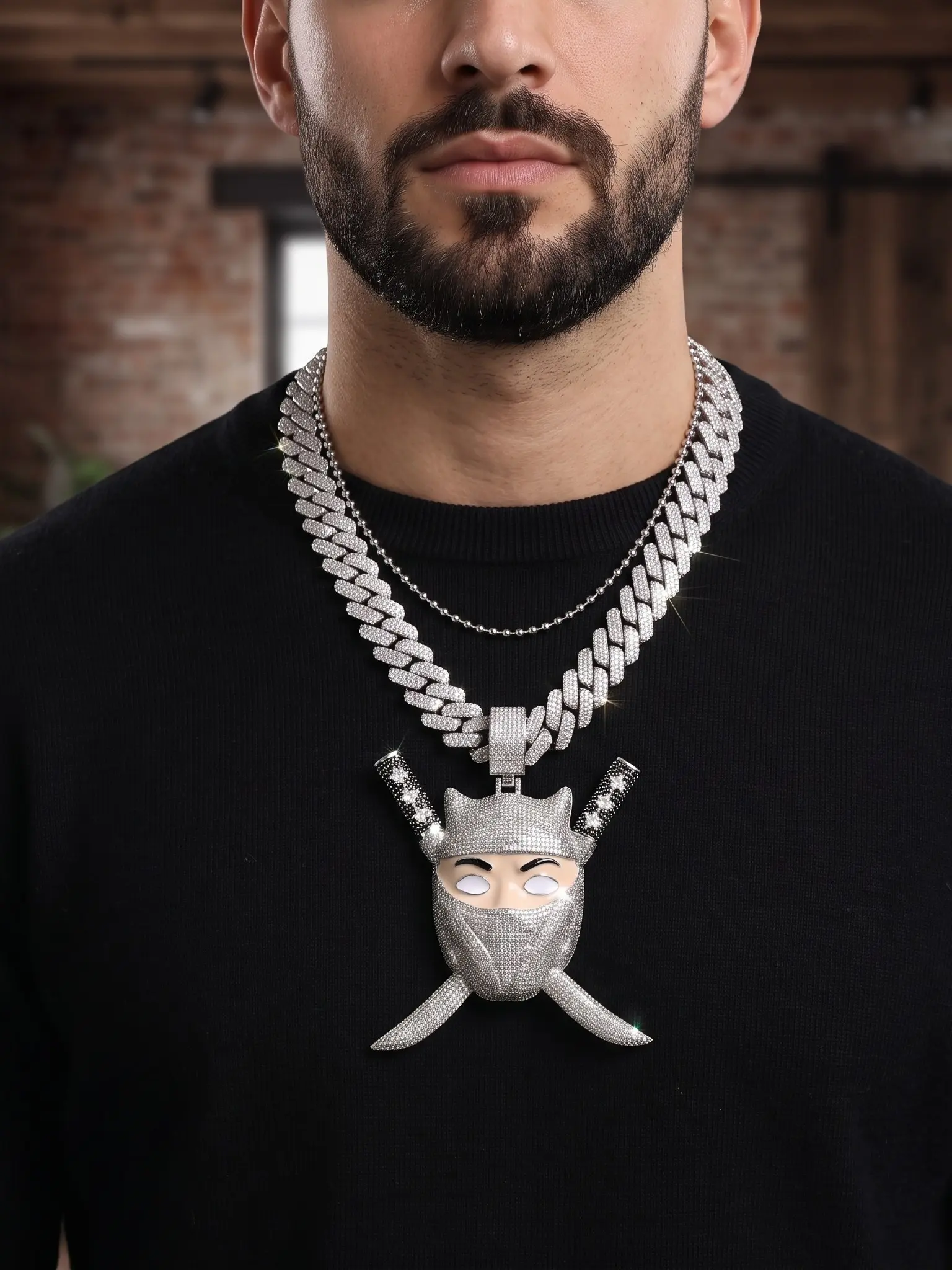 Iced Out Ninja Assassin Pendant Necklace, 5a Cz Stones, 60cm Stainless Steel Ball Chain, Hip Hop Jewelry, Trendy Accessory