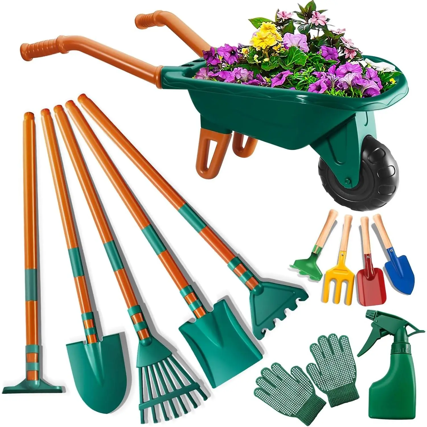 Kids Gardening Tools Wheelbarrow Set with Shovel, Leaf Rake, Gloves, Spray Bottle - Outdoor Educational STEM Gardening Play Set for Toddler Boys Girls Age 3+