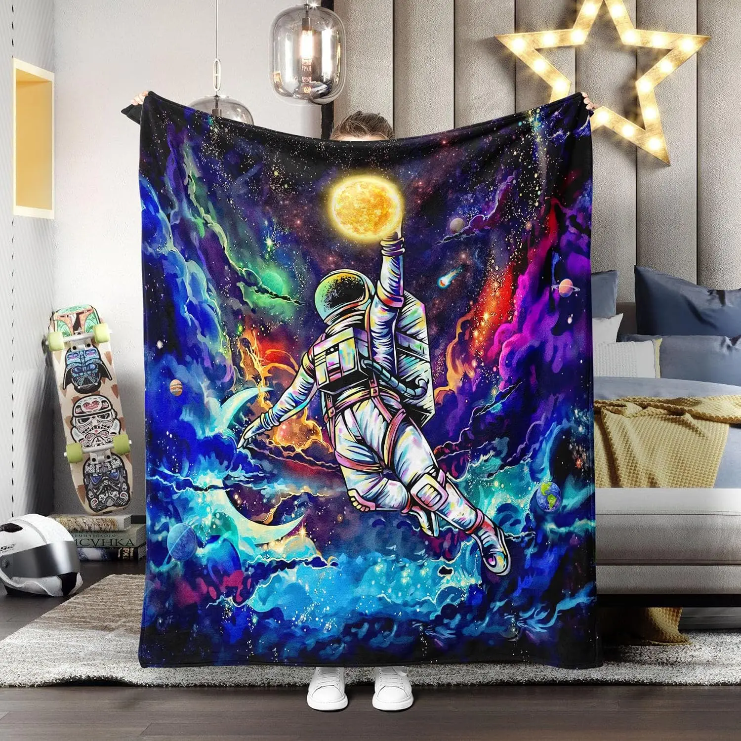 silky smooth kampdream Fleece Throw Blanket, Galaxy Universe Planet Blankets for Men, Boys and Teens Starry Sky Nebula Stars Comforter Nap Throws for Couch Chair Bed Decor Comforter (Astronaut, 40.00" x 50.00")