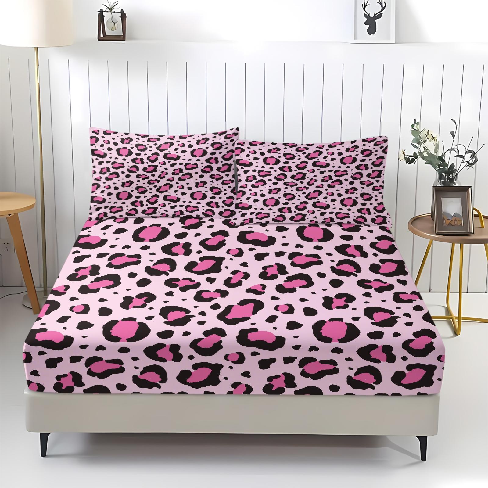 3-Piece Set Cute Leopard Print Bedding Set, Bed Sheet Sets, Decorative Bedsheet Sets, Includes 1 Fitted Sheet and 2 Pillowcases, Home Hotel Room Decor, Bedroom Decoration, Perfect Gift