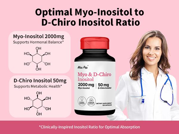 MissPep Women's Inositol Supplement (40:1 Myo & D-Chiro Inositol), 120 Capsules (30-Day Supply) - PCOS Fertility Support, Pelvic Health Specialist Reviewed, Made in USA, Daily Mood Support Vitamins, Wellness