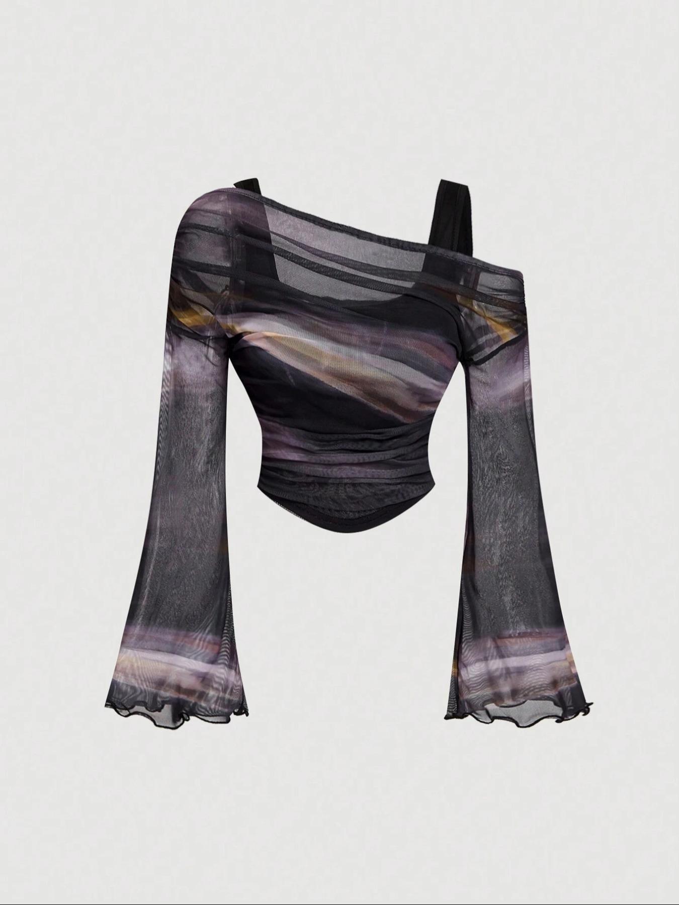 Women's Long Sleeve T-Shirt, Asymmetrical Shoulder Design Slim Fit Casual Top, Fall & Winter Fashion, Moderate Knit Fabric, Comfortable Wear