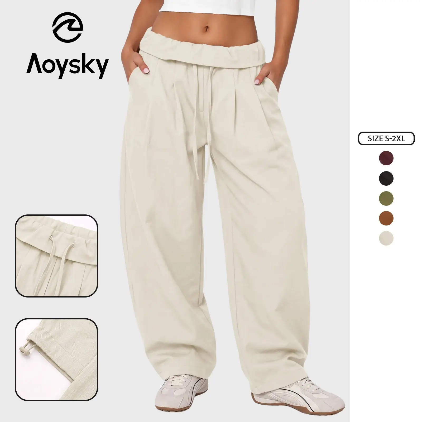 Aoysky Women's Adjustable Soft Basic Fold-Over Wide-Leg Cargo Pants - Polyester Blend Diagonal Twill, Loose-Fit, Drawstring Waist, Machine Wash Safe, Oversized Overall Bottoms