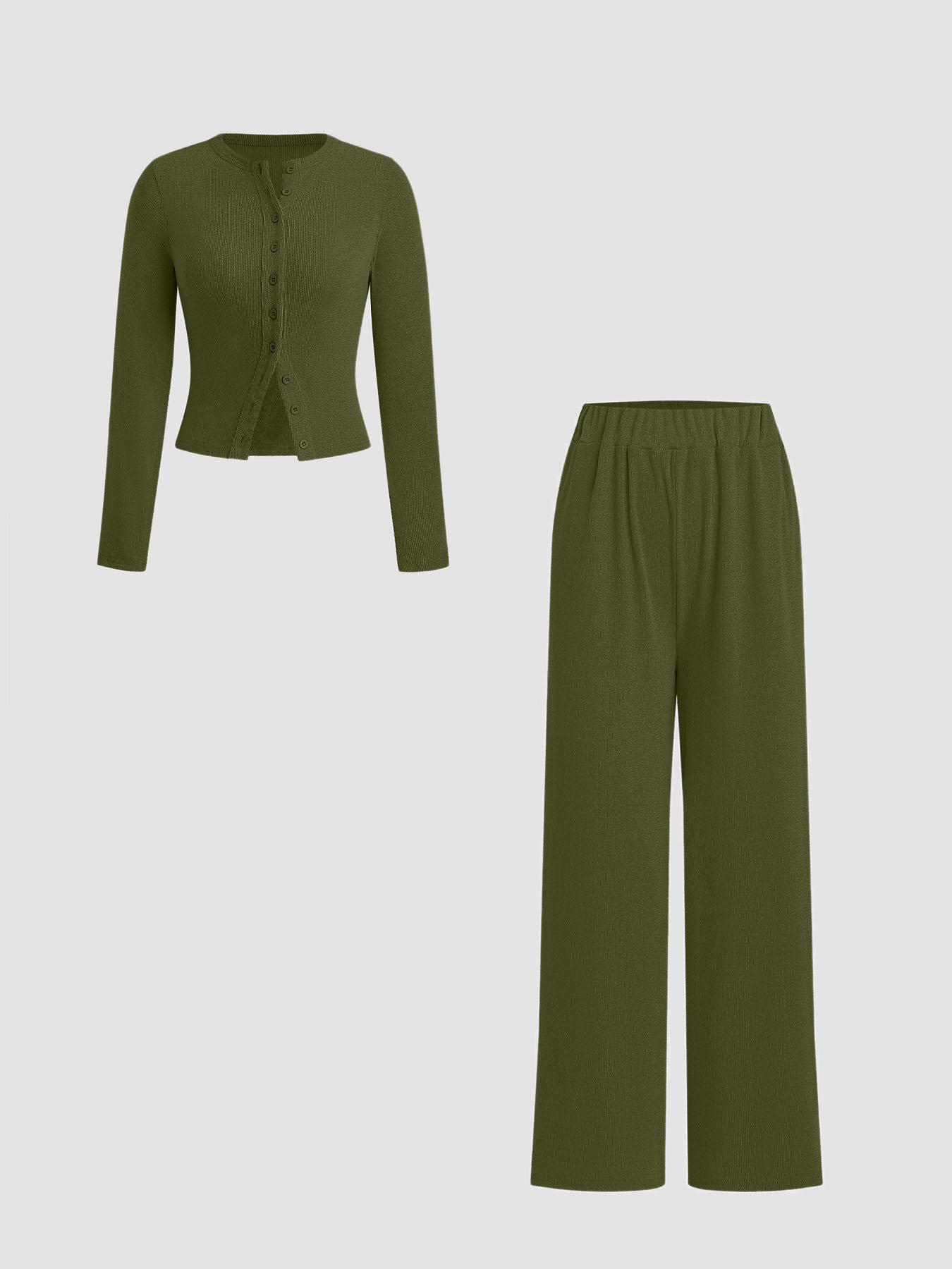Two-piece Set Women's Solid Button Front Ribbed Crop Top & Elastic Waist Pants, Casual Long Sleeve Round Neck Top & Trousers for Spring & Fall, Women's Clothes for Daily Wear