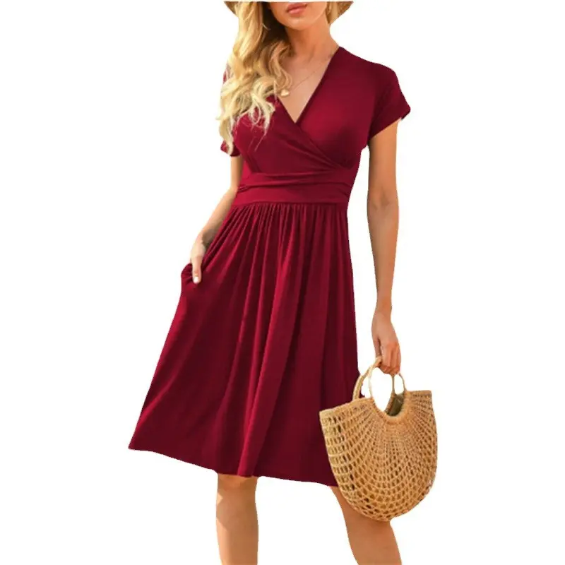 Women's Casual V-Neck Short Sleeve Midi Dress Wrap Front A-Line Flowy Flared Pleated Dress with Pockets Empire Waist Summer Beach Sun Dress Elegant Office Work Party Vacation Outfit Comfy Stretchy Plus Size Friendly Casual Wear
