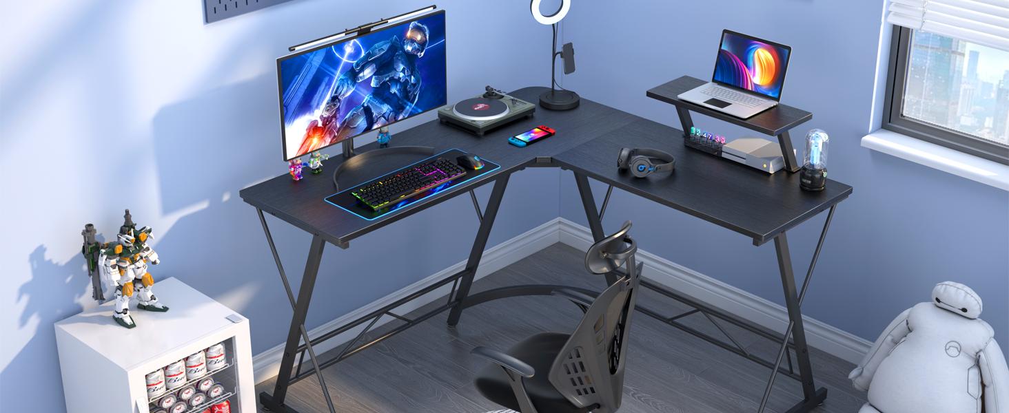 Mr IRONSTONE L Shaped Gaming Desk with Led Lights and Speakers Corner Computer Desk,L shaped desk, Home Office Desks Writing Workstation with Large Monitor Stand, Easy to Assemble (Black,51 Inch)