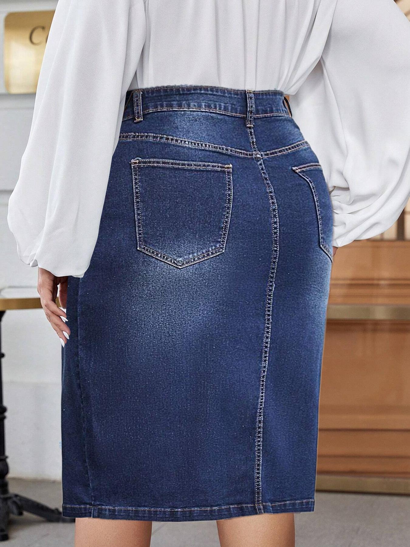 【Plus Size】 Denim Skirt, Casual Comfy Stretchy Jean Skirt for Daily Wear, Women's Bottoms for All Seasons
