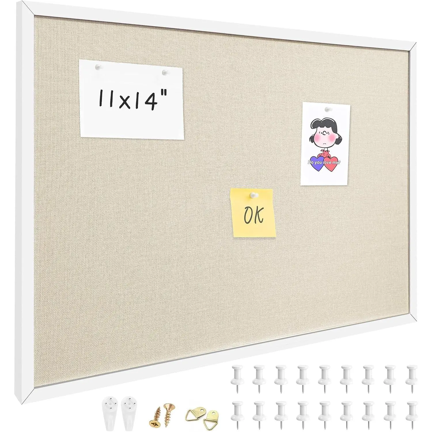 11"x14" White Framed Natural Wood Tone Bulletin Board, Pin Board |   Linen corkboard texture. Premium cork boards for walls and pin board office organizer.