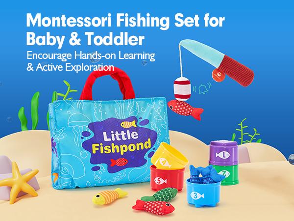 hahaland Toddler Fishing Set-10 in 1 Cloth Fishing Game Toddler Toys with Stacking Cups - Number Counting, Color Sorting Learning,Montessori-Inspired Fishing Game with 22 Pcs for 1 Year Old Boys Girls,Newborn/toddler Birthday Gift,Stackable Fish Buckets