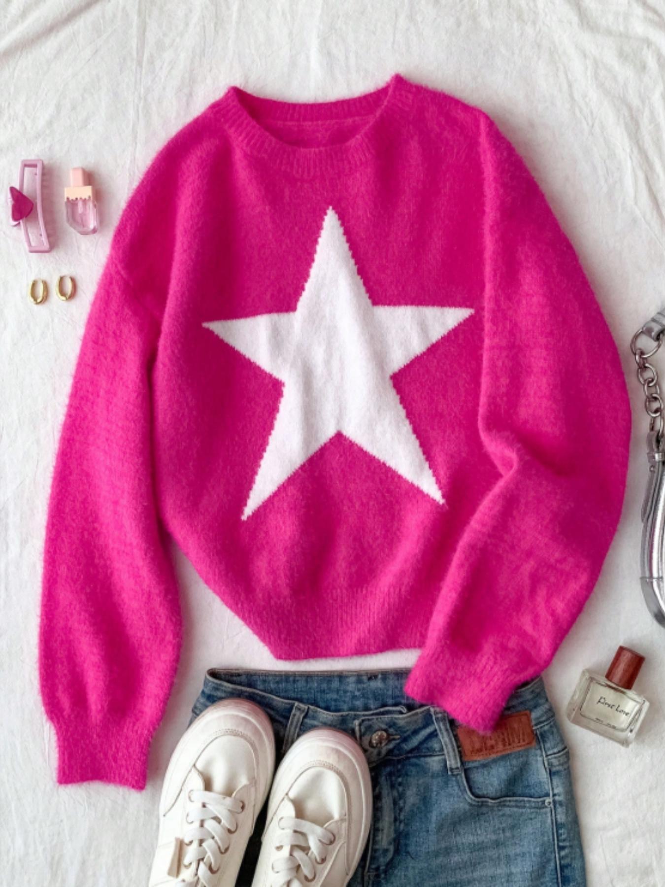 Women's Star Pattern Knit Pullover Long Sleeve, Soft Puffy Round Neck Sweater, Casual Fitted Fall/winter Clothing, Comfortable and Stylish