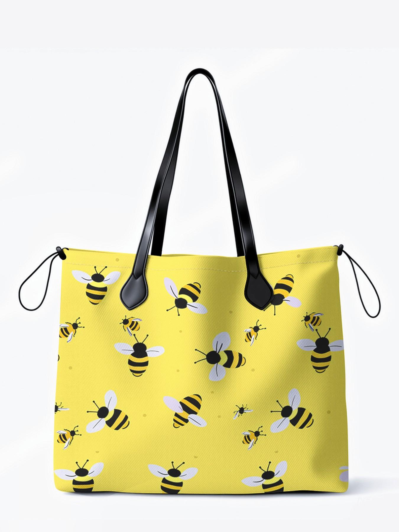 Bee Pattern 2D Printed Drawstring Tote Bag, Large Capacity Shopping Bag, Durable All Season Use, Ideal for Work, Shopping, Picnic, Fashionable Shopping Bag