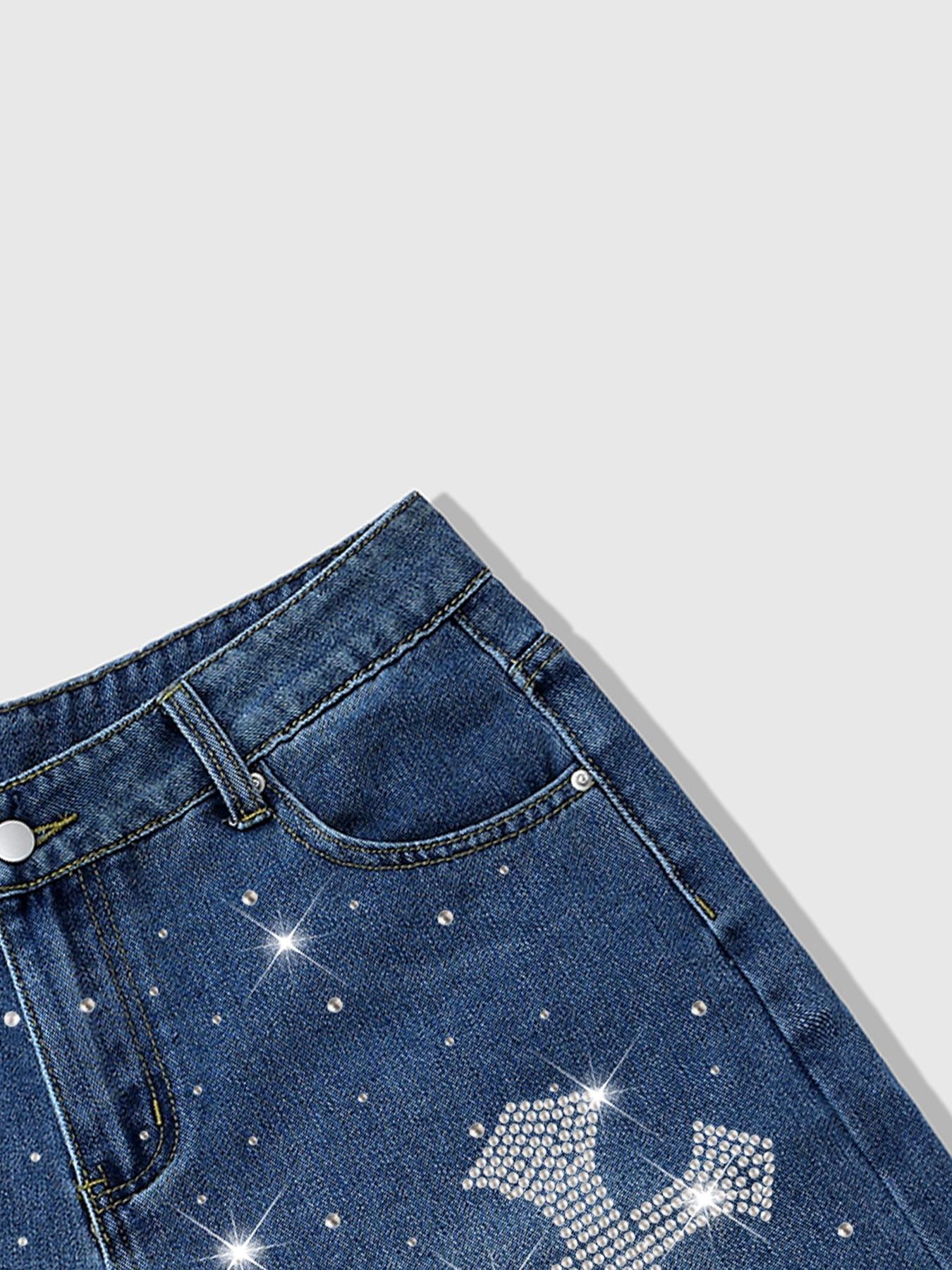 Men's Denim Shorts with Rhinestone Decoration, Loose-Fit Design, Fashionable and Comfortable, Ideal for Casual Wear, Streetwear and Daily Use