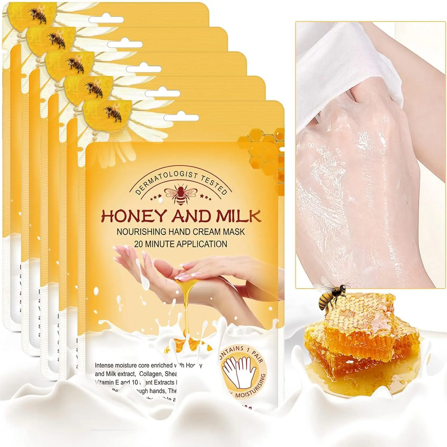 5 Pairs Hand Mask Gloves, Hand Moisturizing & Repairing Treatment |   for Extra Dry & Rough Skin, Exfoliating Peeling Mask for Home Spa Care, Infused Collagen, Vitamins, Honey and Milk Extracts