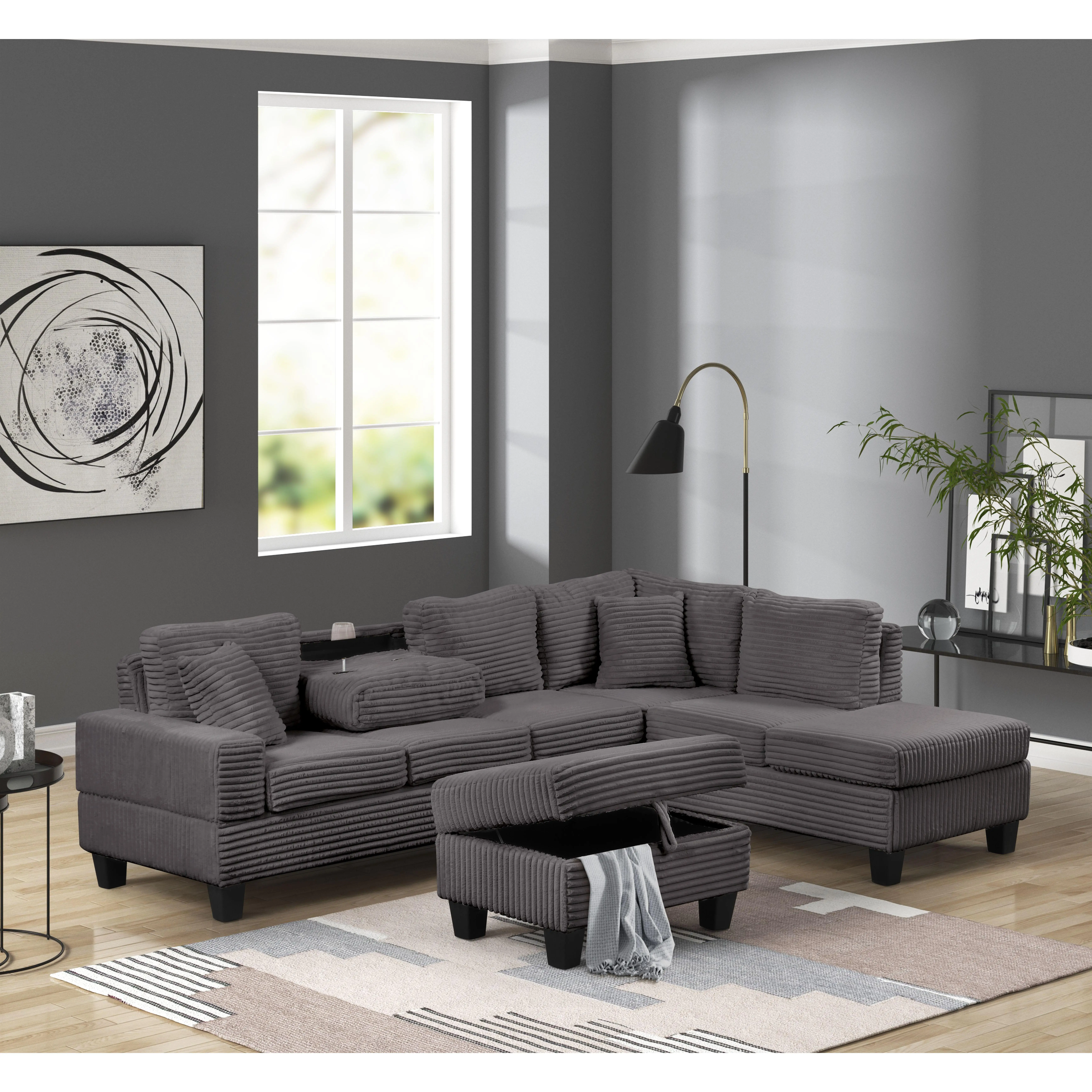 Nokaa 6-Seat Recliner Sectional Sofa Set with Storage Ottoman, Drop-Down Tray & Cup Holders, Corduroy Velvet Upholstery, Solid Wood Frame, Gray, for Living Room, Contemporary/Modern Style