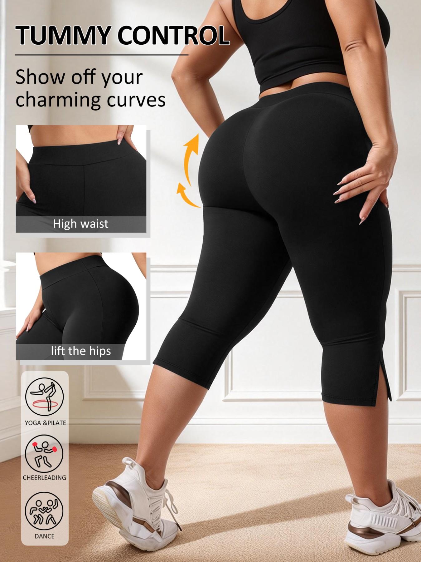 Women's Plus Size High Waist Seven-Quarter Pants, Split Thigh Design, High Elasticity Abdominal Control Tight Fit, Soft Comfortable Fabric, Gym Workout Leggings