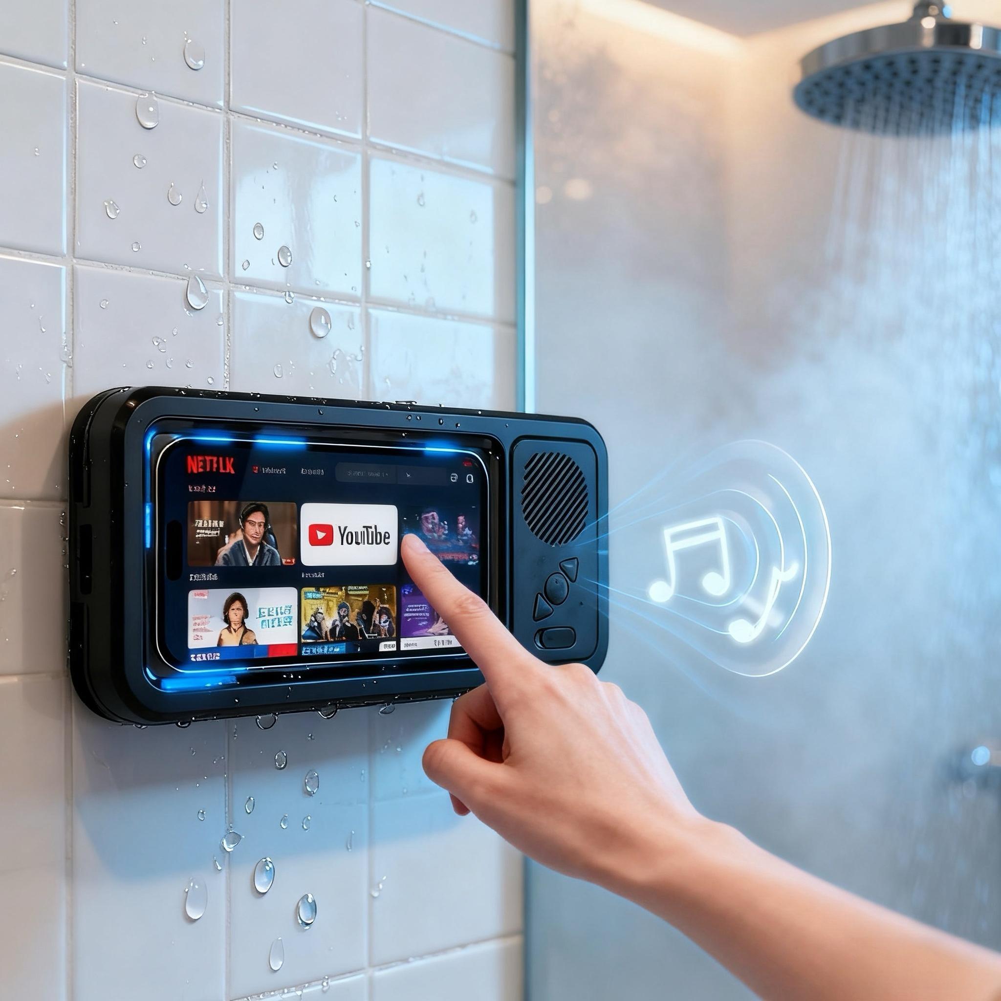Mobile phone Waterproof box, Cellphone, Bluetooth speaker, bathroom waterproof 360° rotating touch screen, watch movies, listen to music, mobile phone holder, shower TV holder, swimming pool, kitchen, bathroom, sink, Stand
