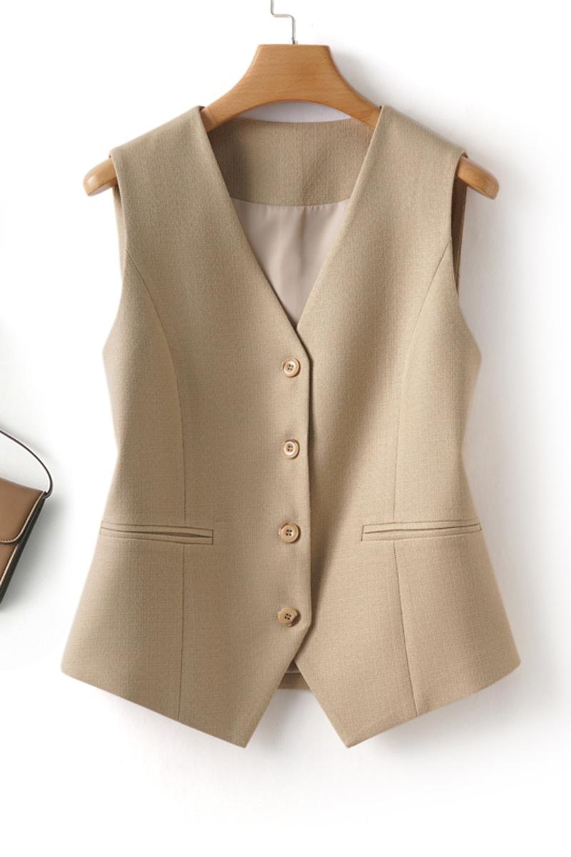 Women's Solid Button Front Vest Blazer, Fitted Elegant V Neck Pocket Suit Vest For Work Office Business, Ladies Spring & Fall Clothes, Modern Easy Wear