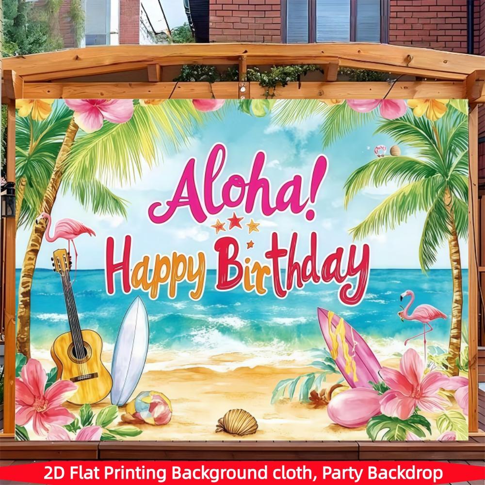 Vibrant Hawaiian birthday background banner,graffiti beach scene with flamingos and palm trees, suitable for summer parties, photo booth props and cake table decorations, Hawaiian party decorations, multifunctional decorations for outdoor birthday parties